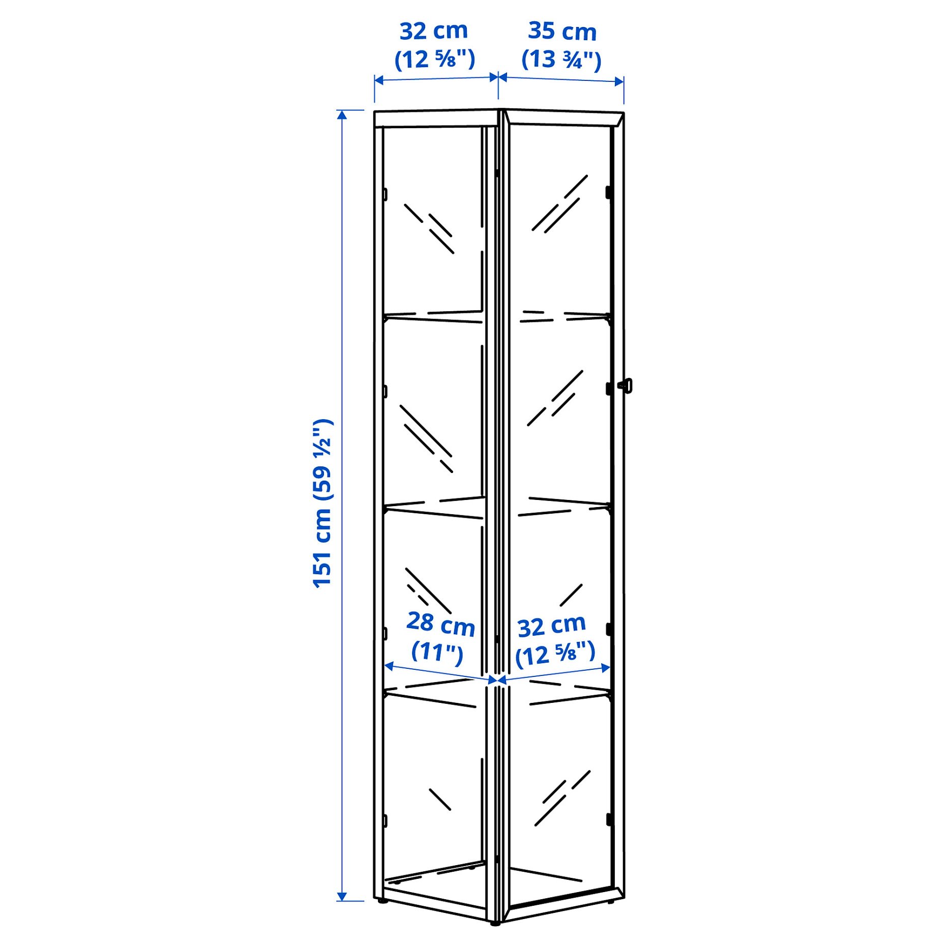 BLÅLIDEN, glass-door cabinet, 35x32x151 cm, 005.012.43