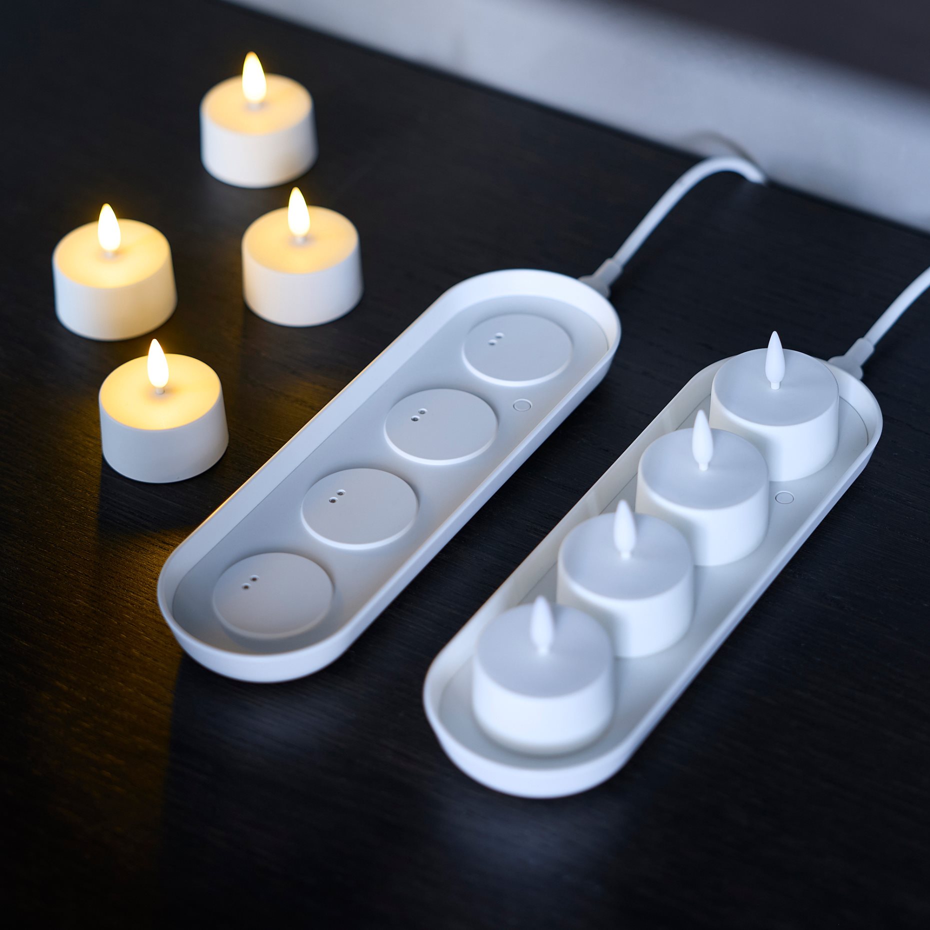 SKATGÅS, tealight kit with built in LED light source and charging tray, 006.115.95