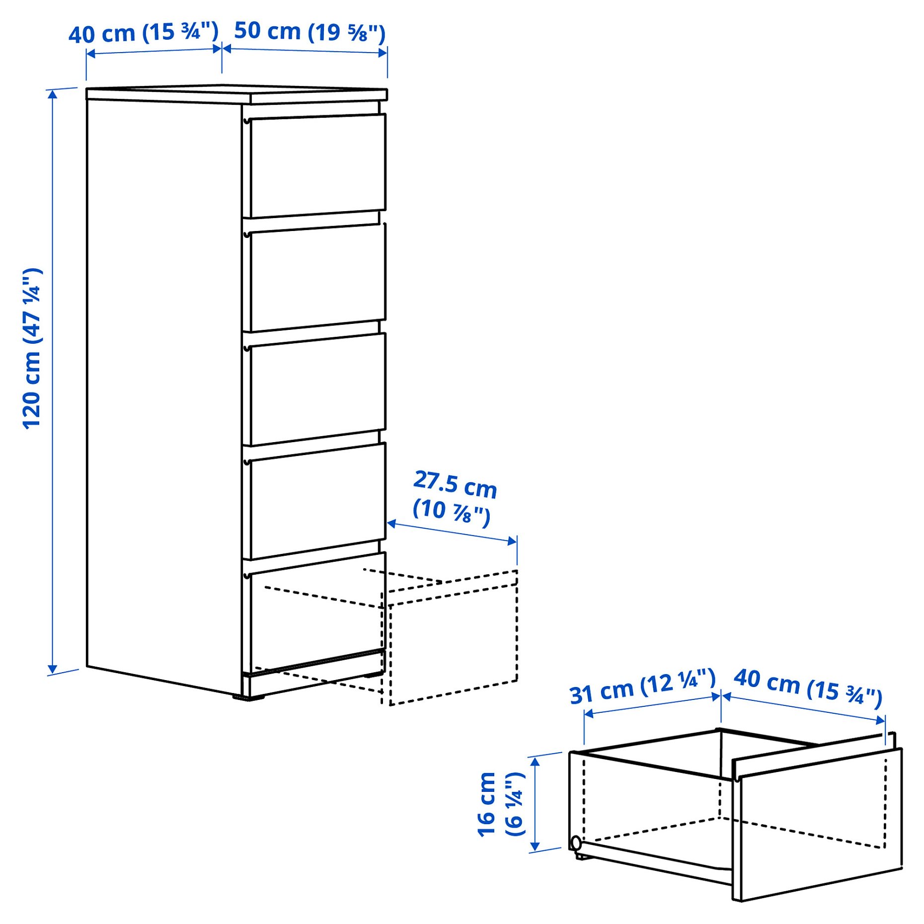 STORKLINTA, chest of 5 drawers, 40x50x120 cm, 006.275.39