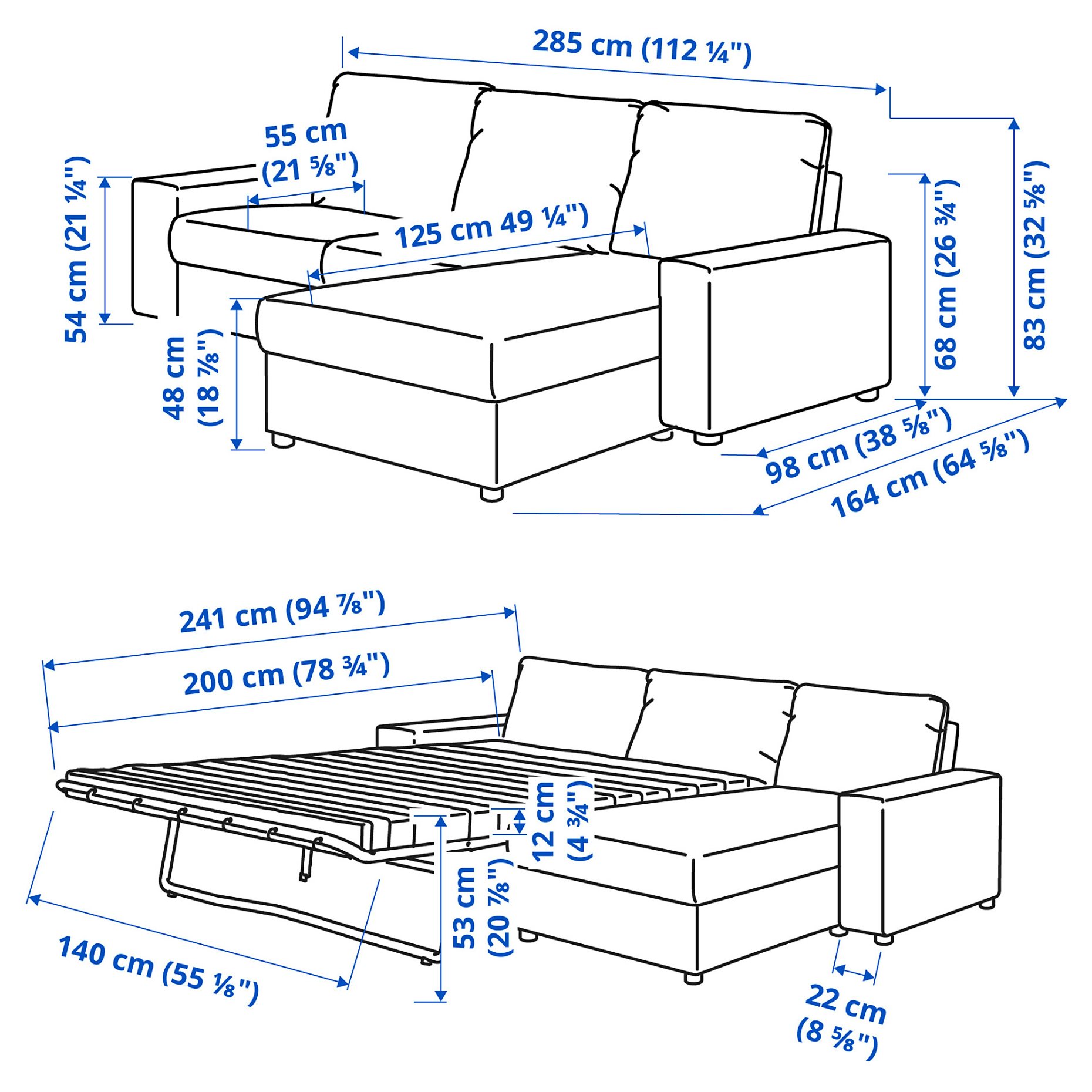 VIMLE, τριθέσιος καναπές-κρεβάτι με πλατιά μπράτσα και σεζλόνγκ, 095.372.28