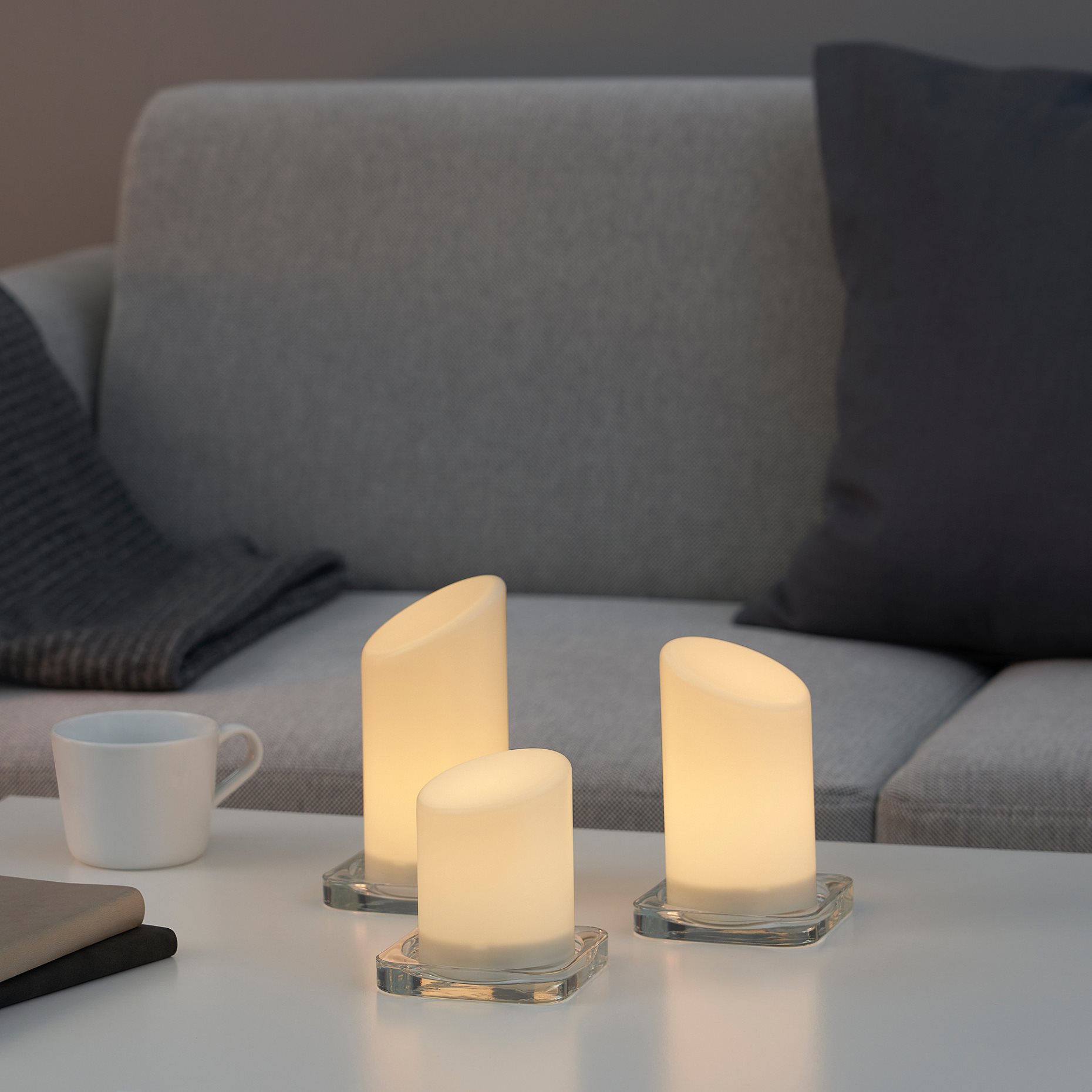ÄDELLÖVSKOG, block candle with built-in LED light source in/out, set of 3, 105.202.55