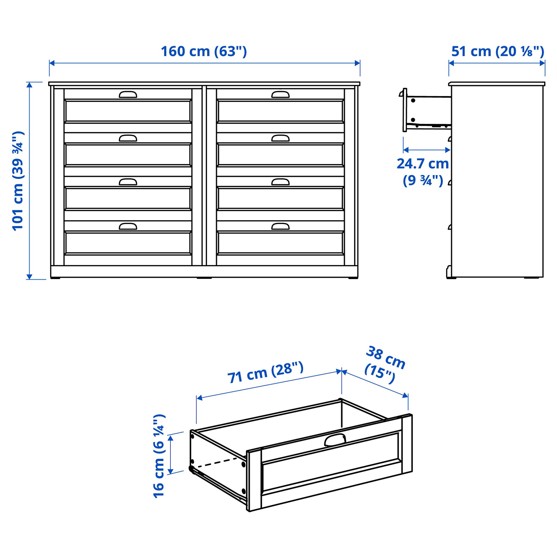 FÅGELFJÄLLET, chest of 8 drawers, 160x51x101 cm, 206.116.41