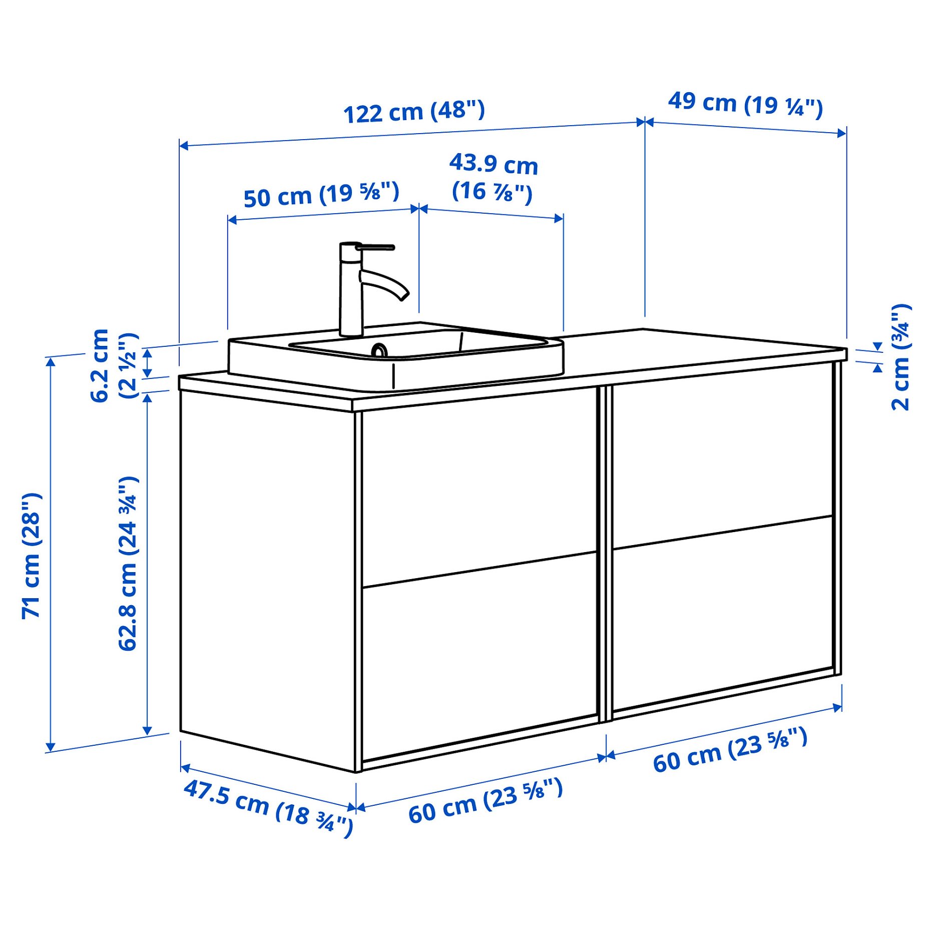 HAVBACK/ORRSJON, έπιπλο νιπτήρα/νιπτήρας/μπαταρία, 122x49x71 cm, 295.285.10