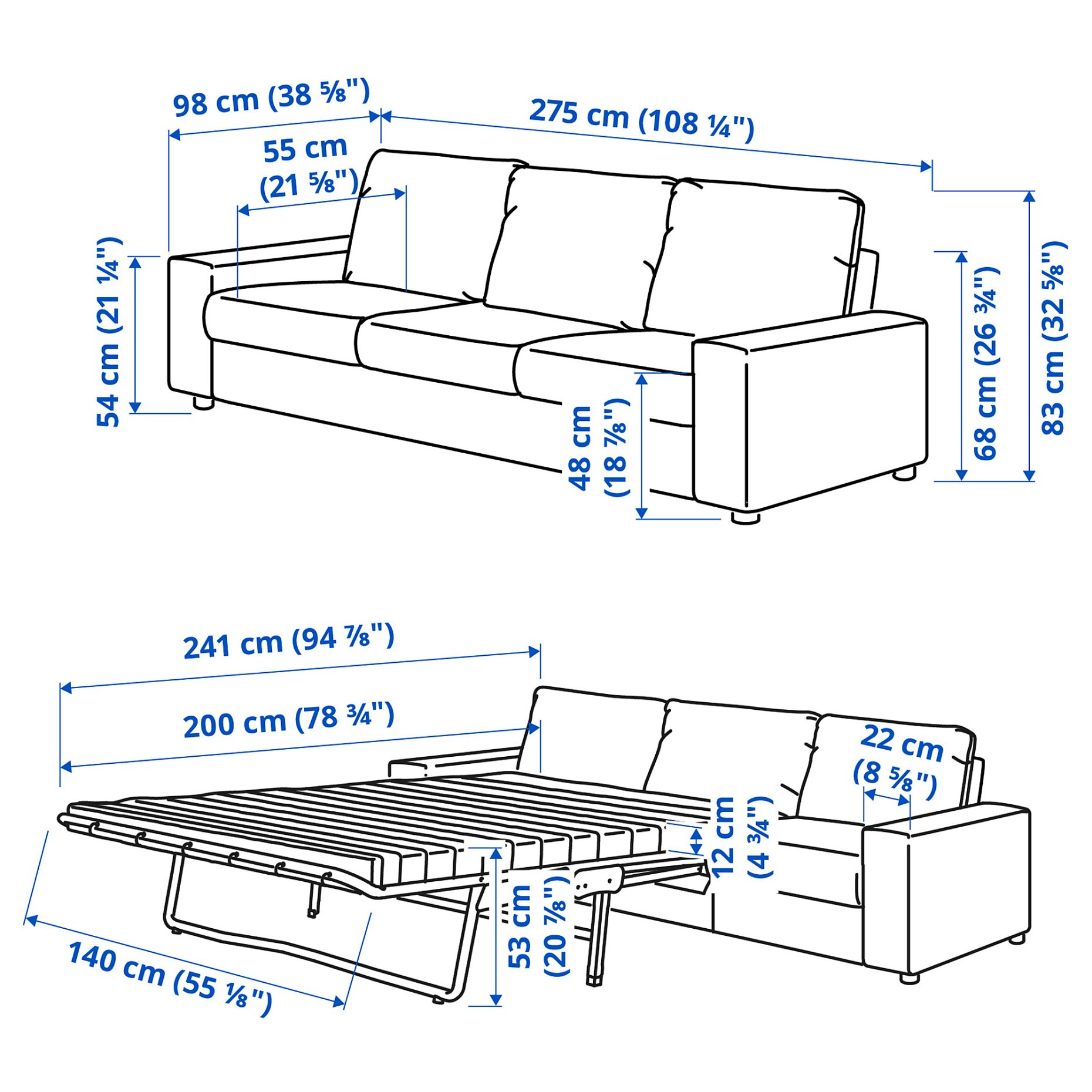 VIMLE, τριθέσιος καναπές-κρεβάτι με πλατιά μπράτσα, 295.372.32