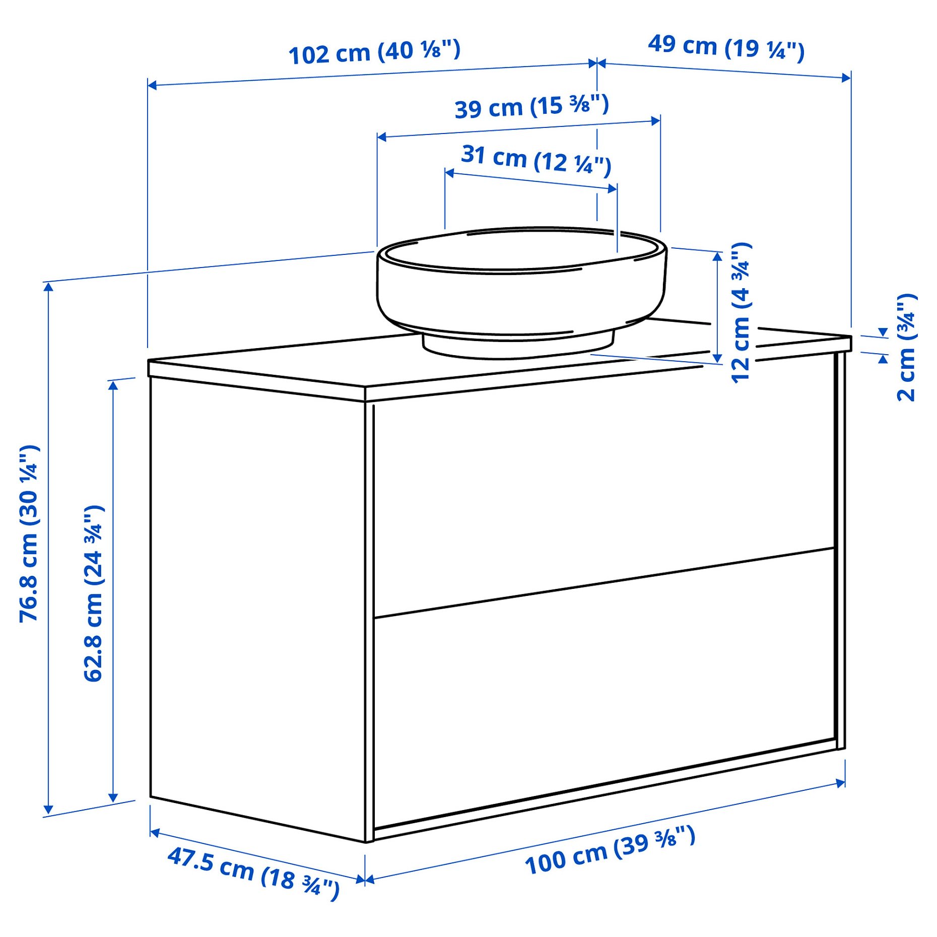 HAVBÄCK/VINDEL, wash-stand with drawers/wash-basin, 102x49x77 cm, 296.224.66