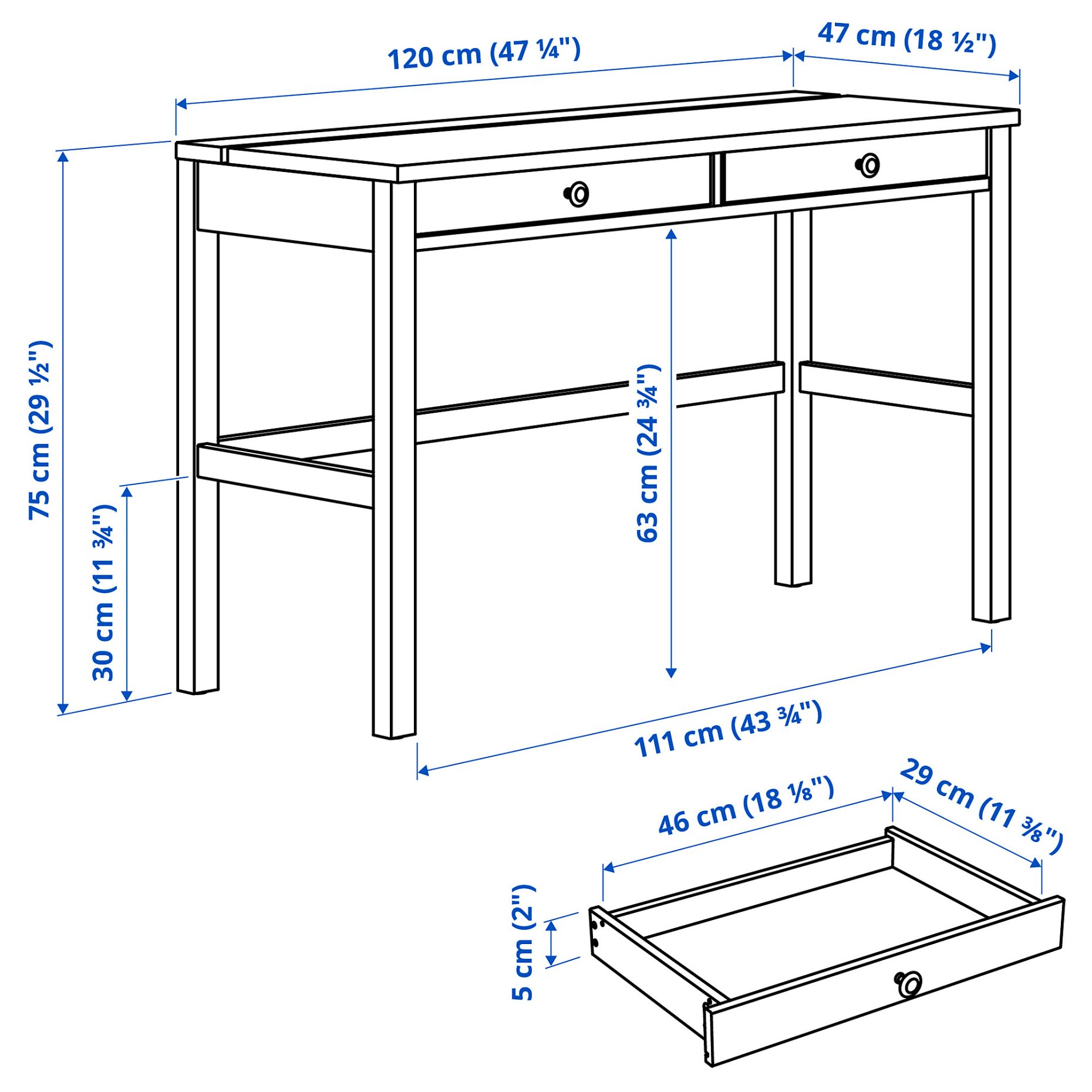 HEMNES, γραφείο με 2 συρτάρια, 120x47 cm, 305.349.54