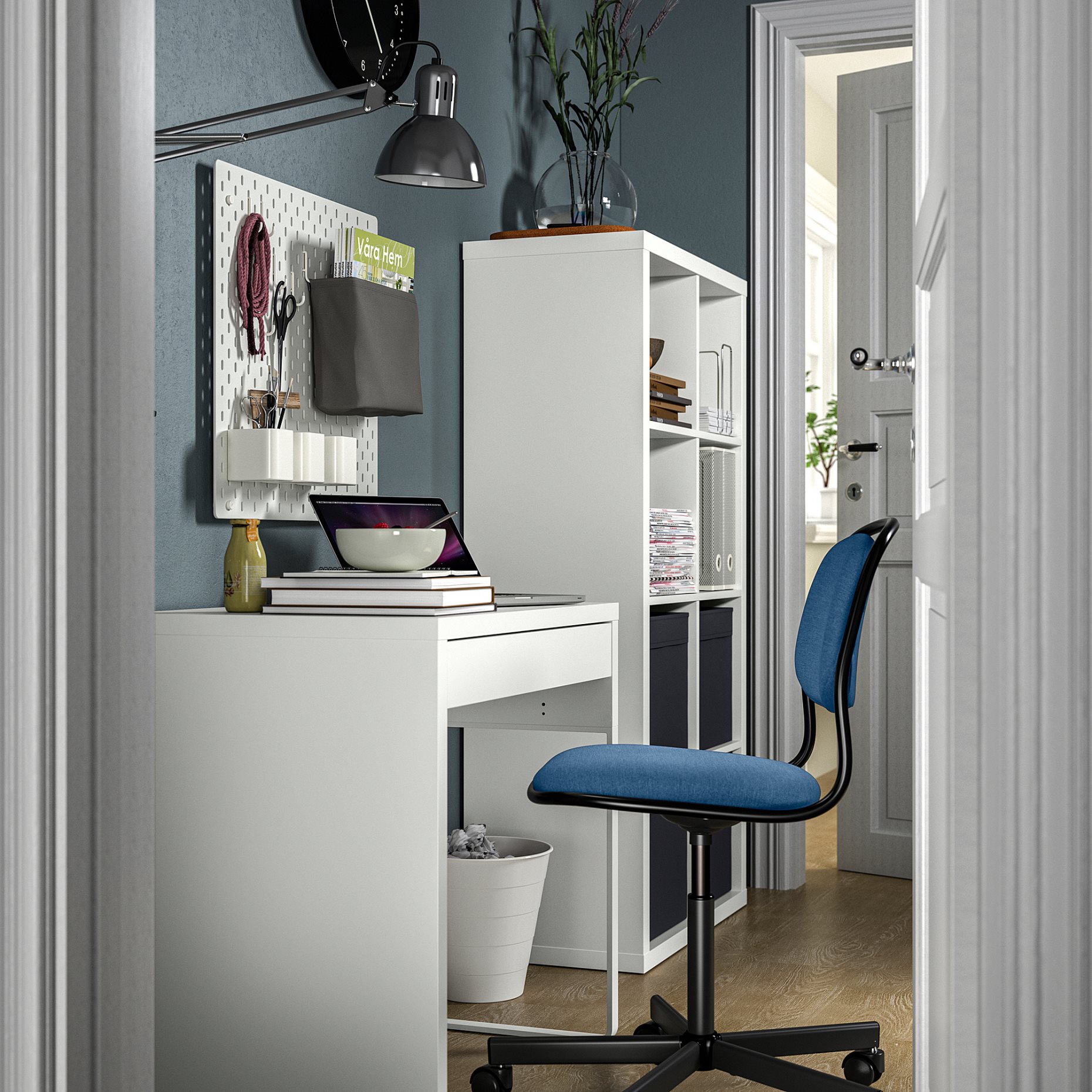 MICKE/ORFJALL/KALLAX, desk and storage combination with swivel chair, 394.367.51