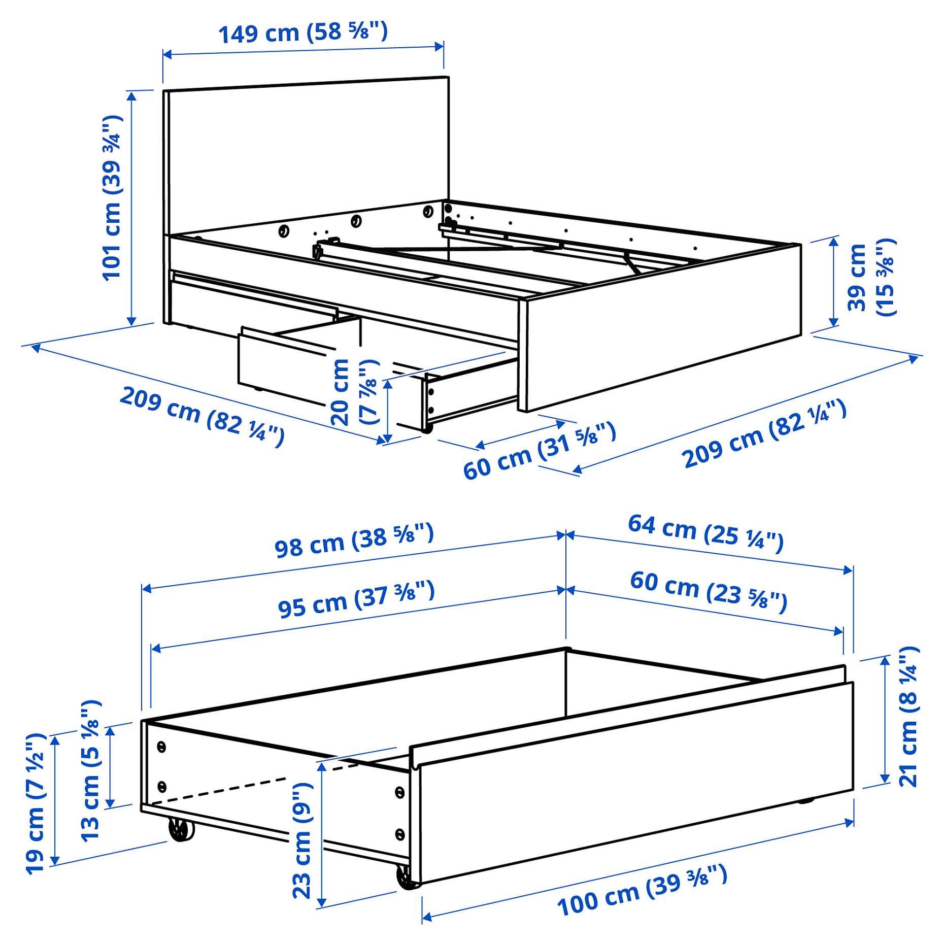 STORKLINTA, bed frame with 2 storage boxes, 140x200 cm, 396.308.66