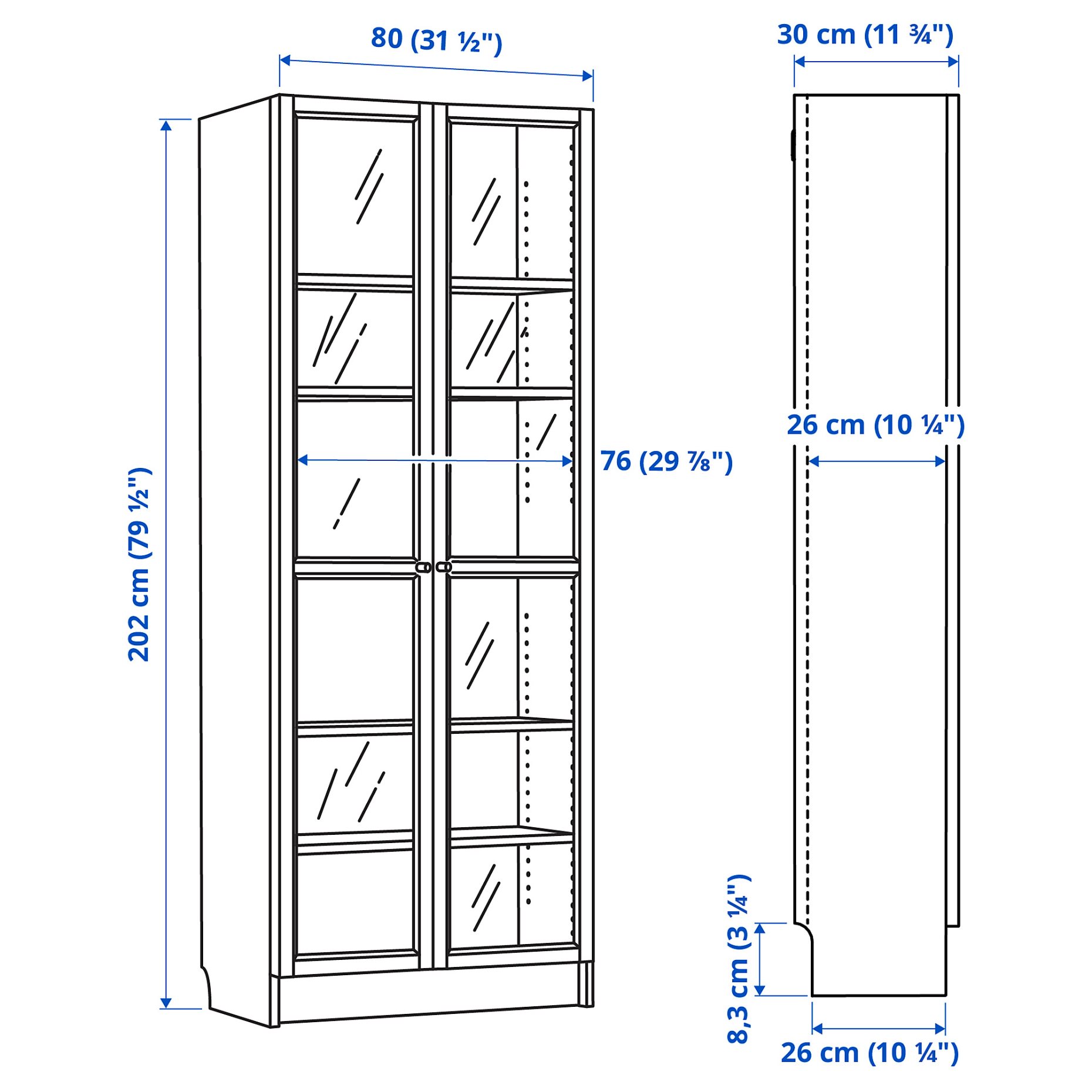BILLY/OXBERG, bookcase with glass doors, 80x30x202 cm, 594.833.17