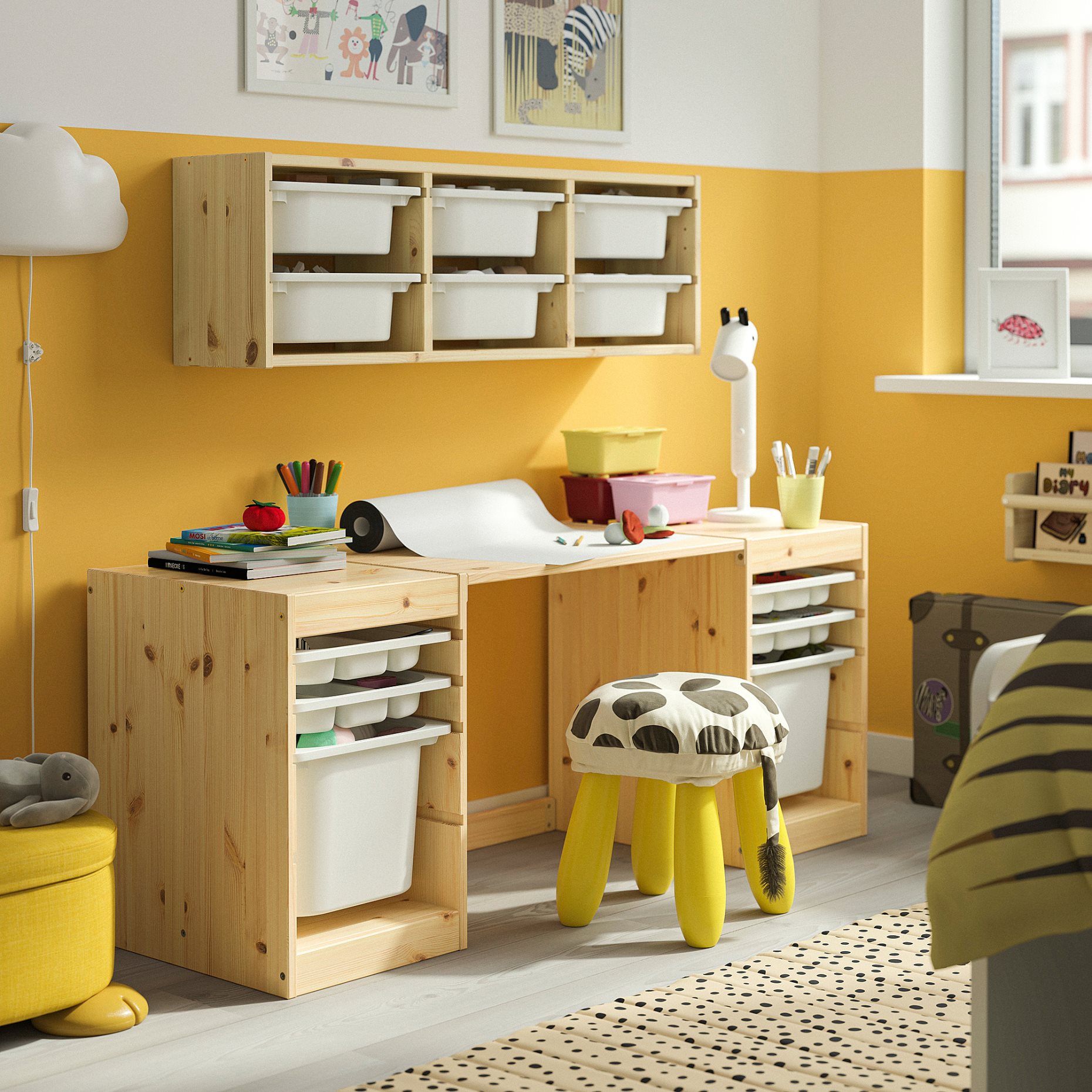 TROFAST, γραφείο με κουτιά αποθήκευσης/δίσκους, 124x44x52 cm, 596.139.41