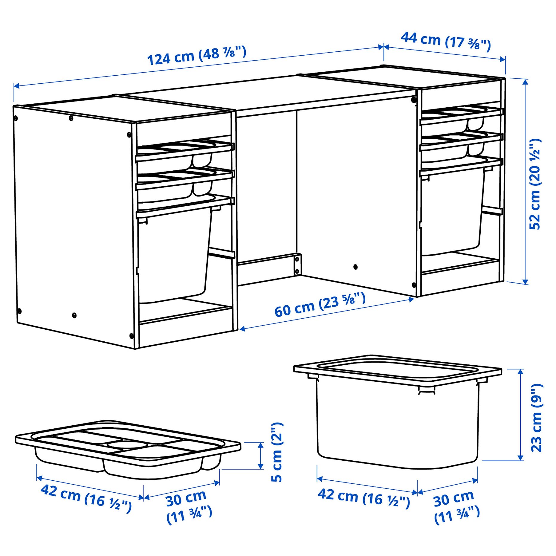 TROFAST, γραφείο με κουτιά αποθήκευσης/δίσκους, 124x44x52 cm, 596.139.41