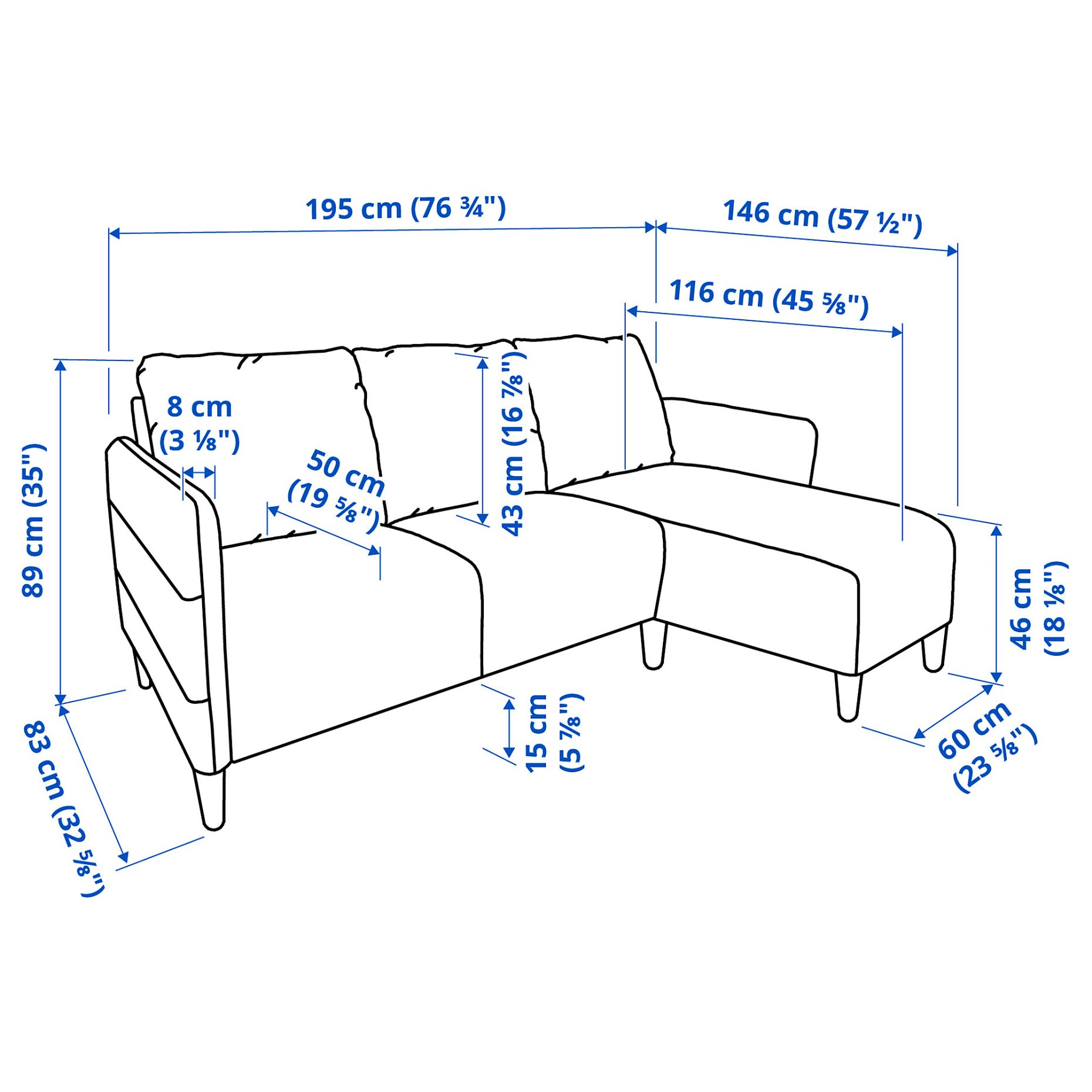ANGERSBY, τριθέσιος καναπές με σεζλόνγκ, 604.990.77