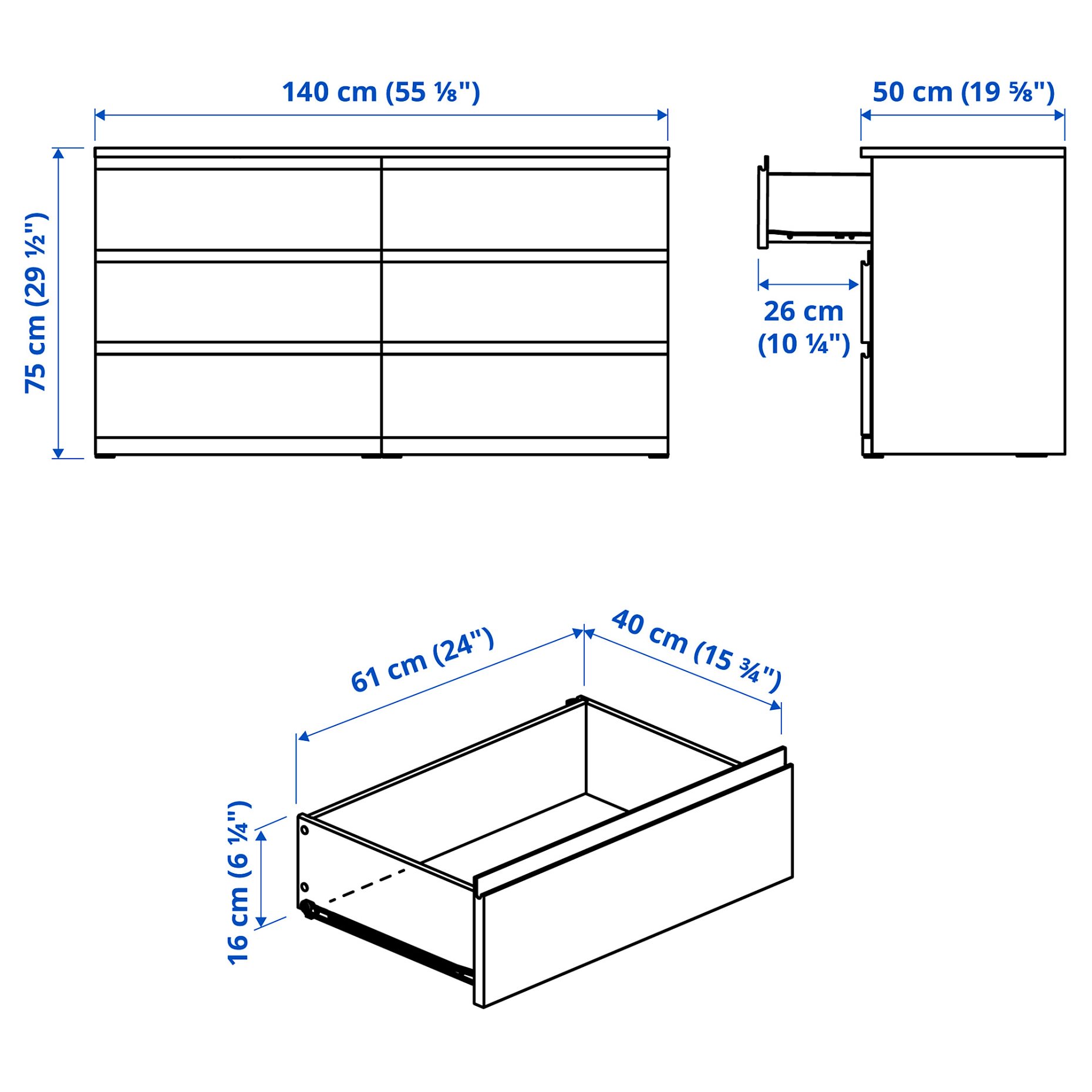 STORKLINTA, chest of 6 drawers, 140x50x75 cm, 706.275.50