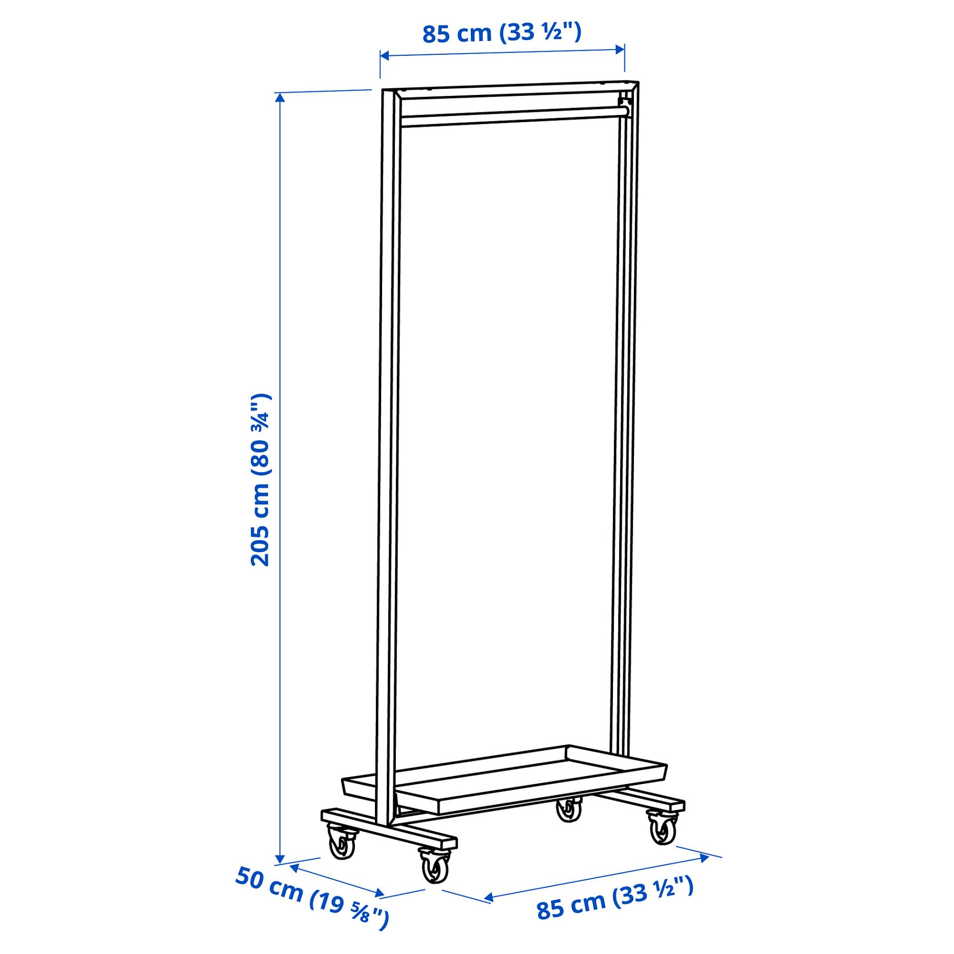 MITTZON, frame with castors/clothes rail/display shelf, 85x205 cm, 795.364.14