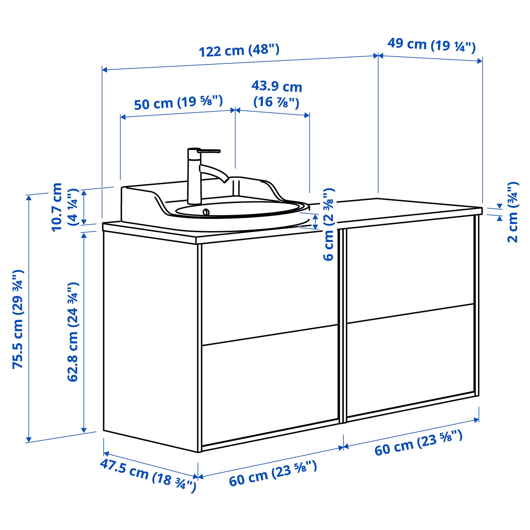 TANNFORSEN/RUTSJON, έπιπλο νιπτήρα/νιπτήρας/μπαταρία, 122x49x76 cm, 895.284.61