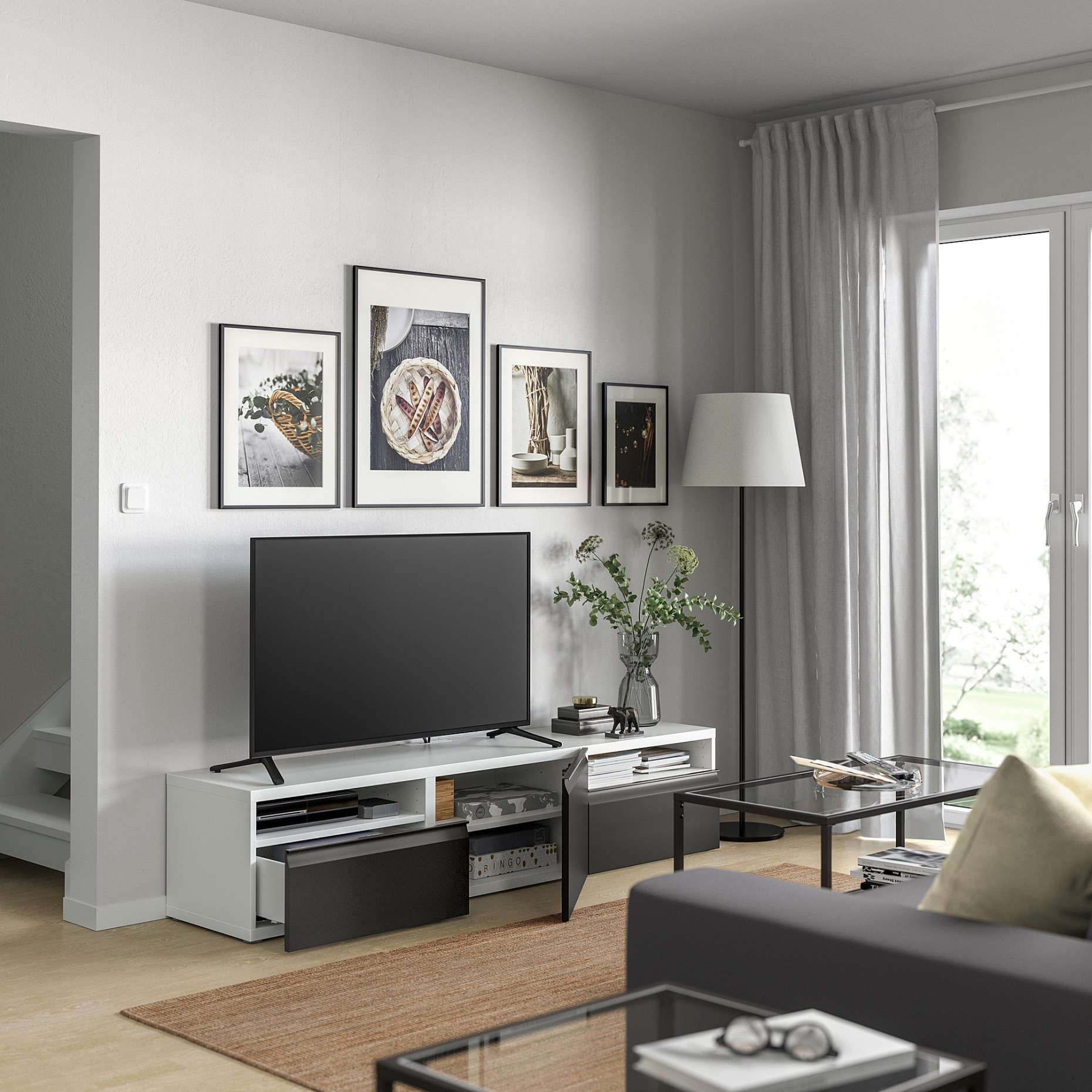 BESTÅ, TV bench with door/drawers soft closing, 180x42x39 cm, 895.689.23