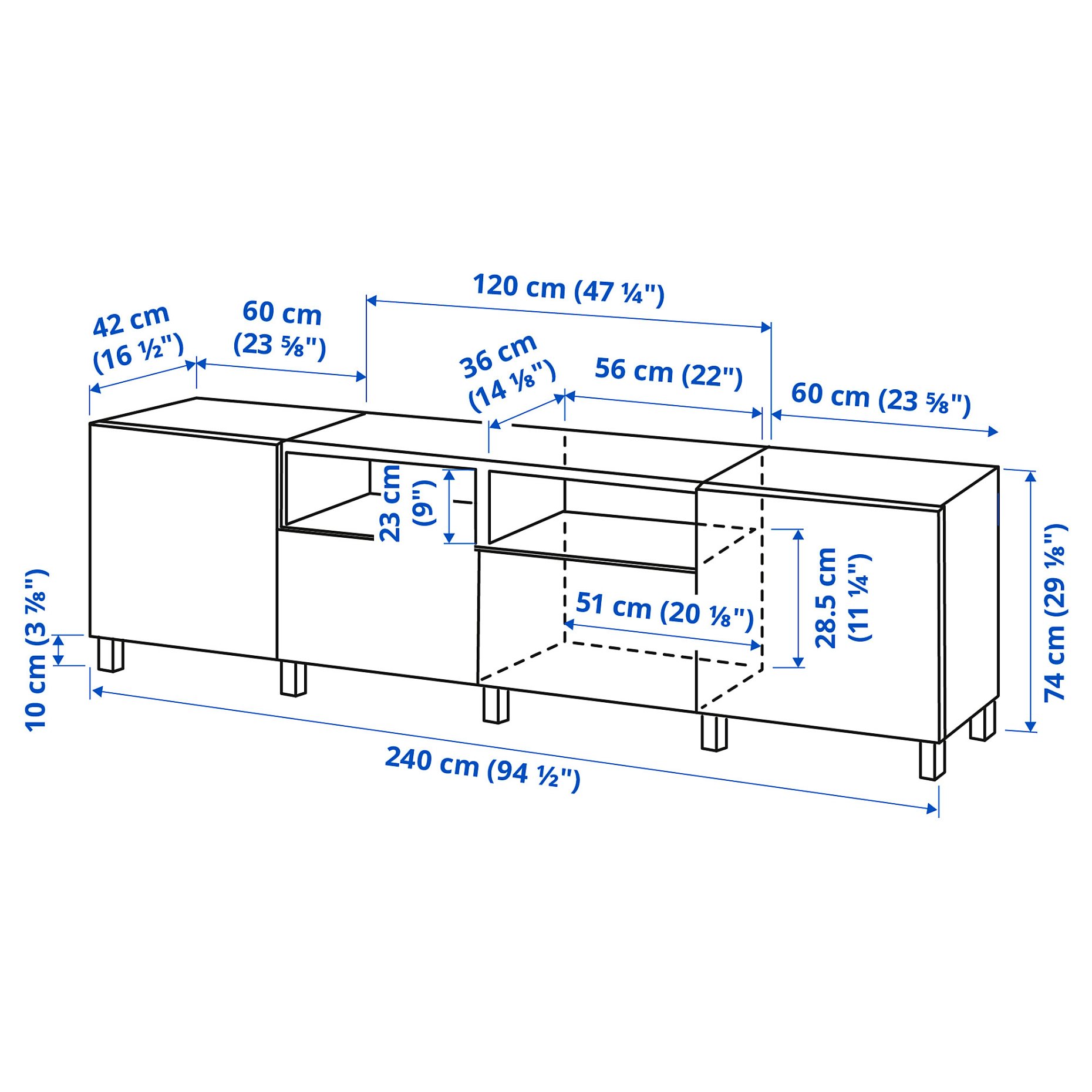 BESTÅ, έπιπλο TV με πόρτες και συρτάρια, 240x42x74 cm, 995.689.46