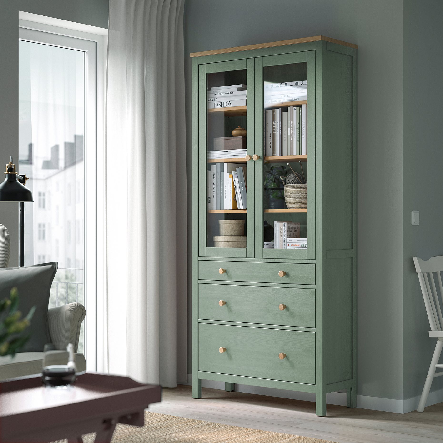 HEMNES, ντουλάπι βιτρίνα και 3 συρτάρια, 90x197 cm, 005.961.61