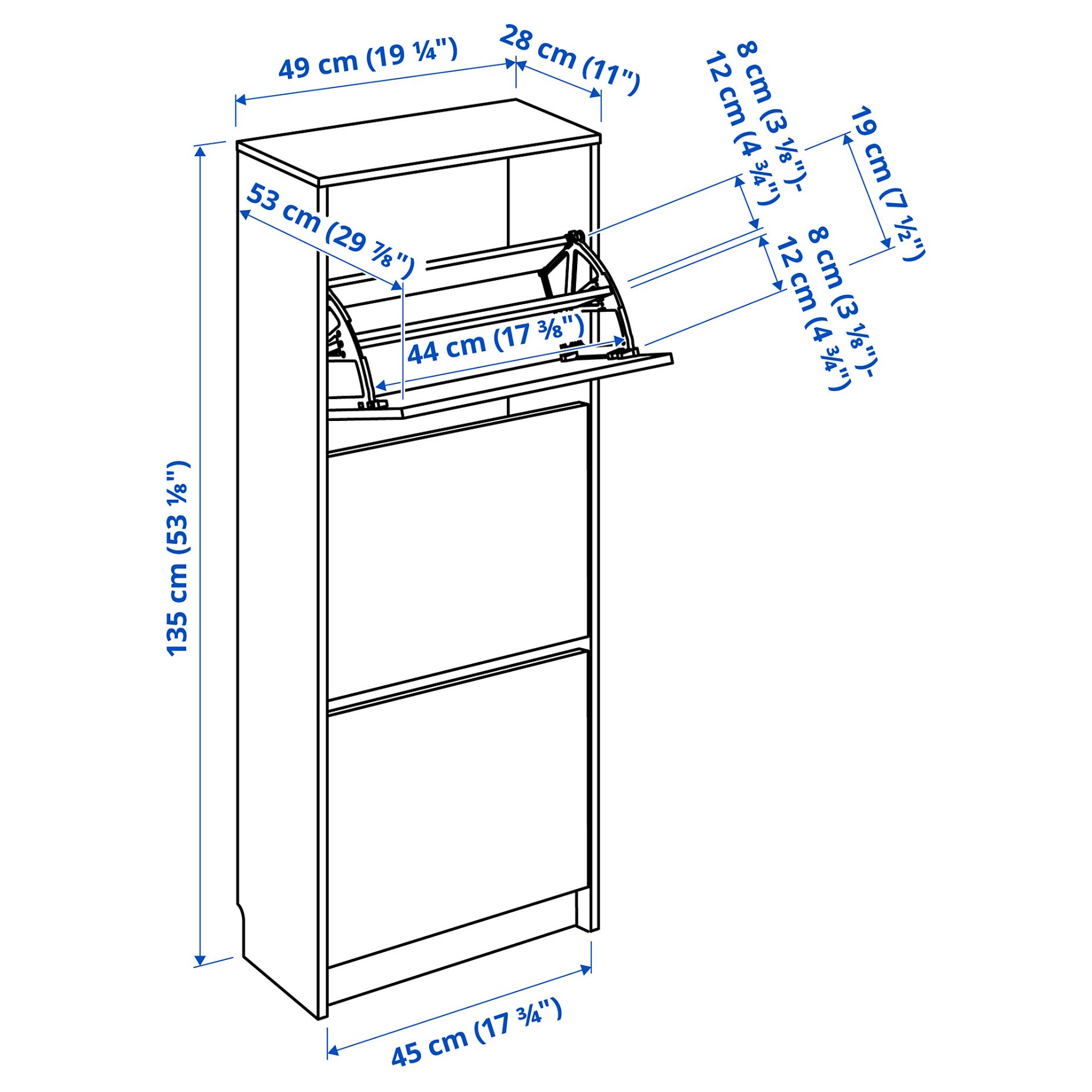 BISSA, shoe cabinet with 3 compartments, 49x28x135 cm, 105.302.59