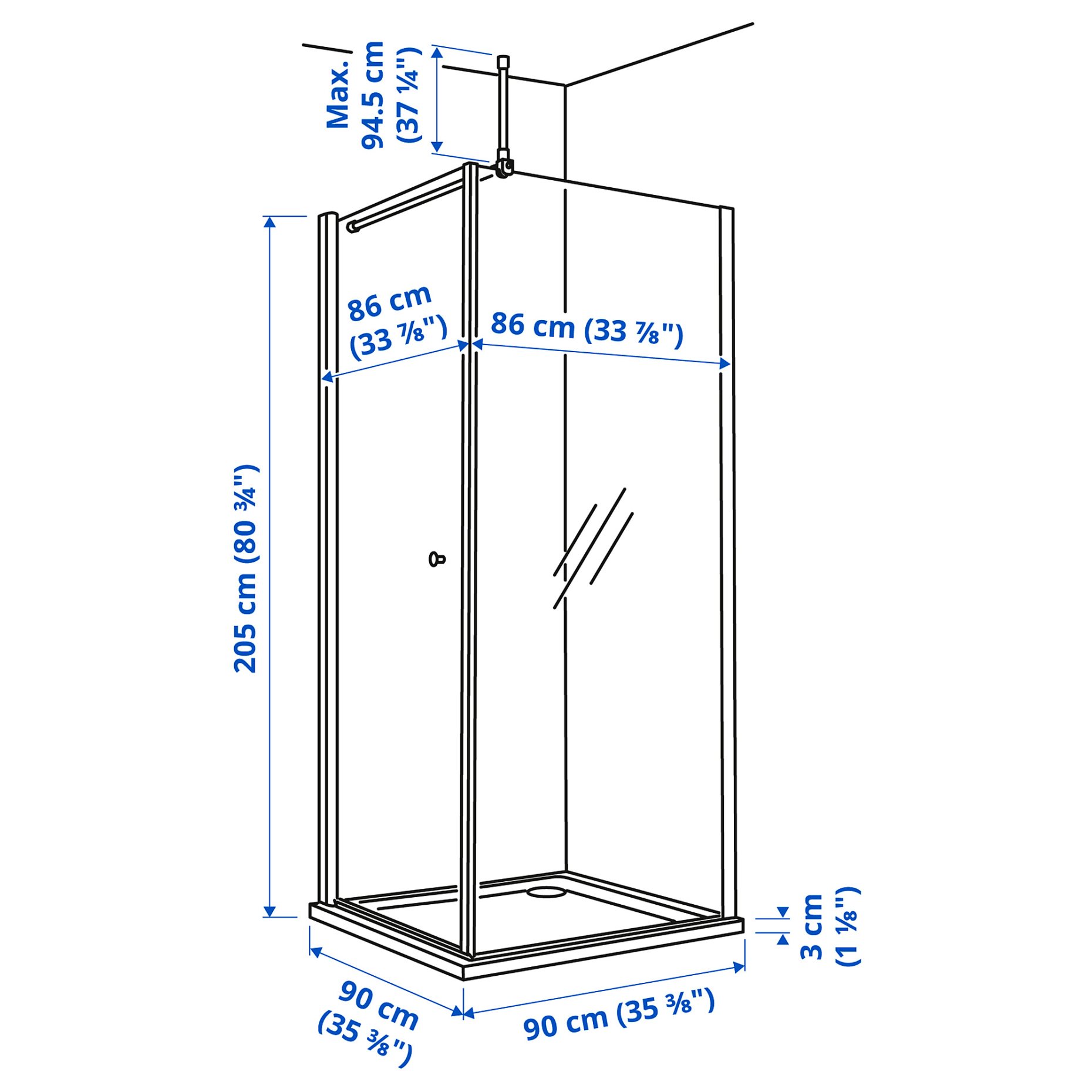 OPPEJEN/FOTINGEN, shower enclosure with tray, 90x90x205 cm, 193.262.49