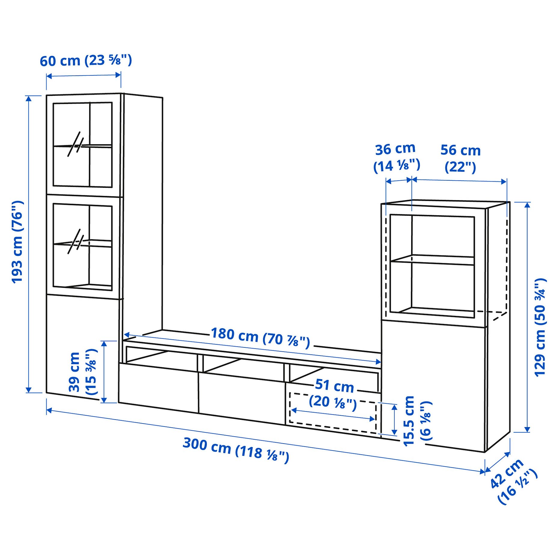 BESTÅ, σύνθεση αποθήκευσης TV/γυάλινες πόρτες/συρτάρια με μαλακό κλείσιμο, 300x42x193 cm, 193.307.84