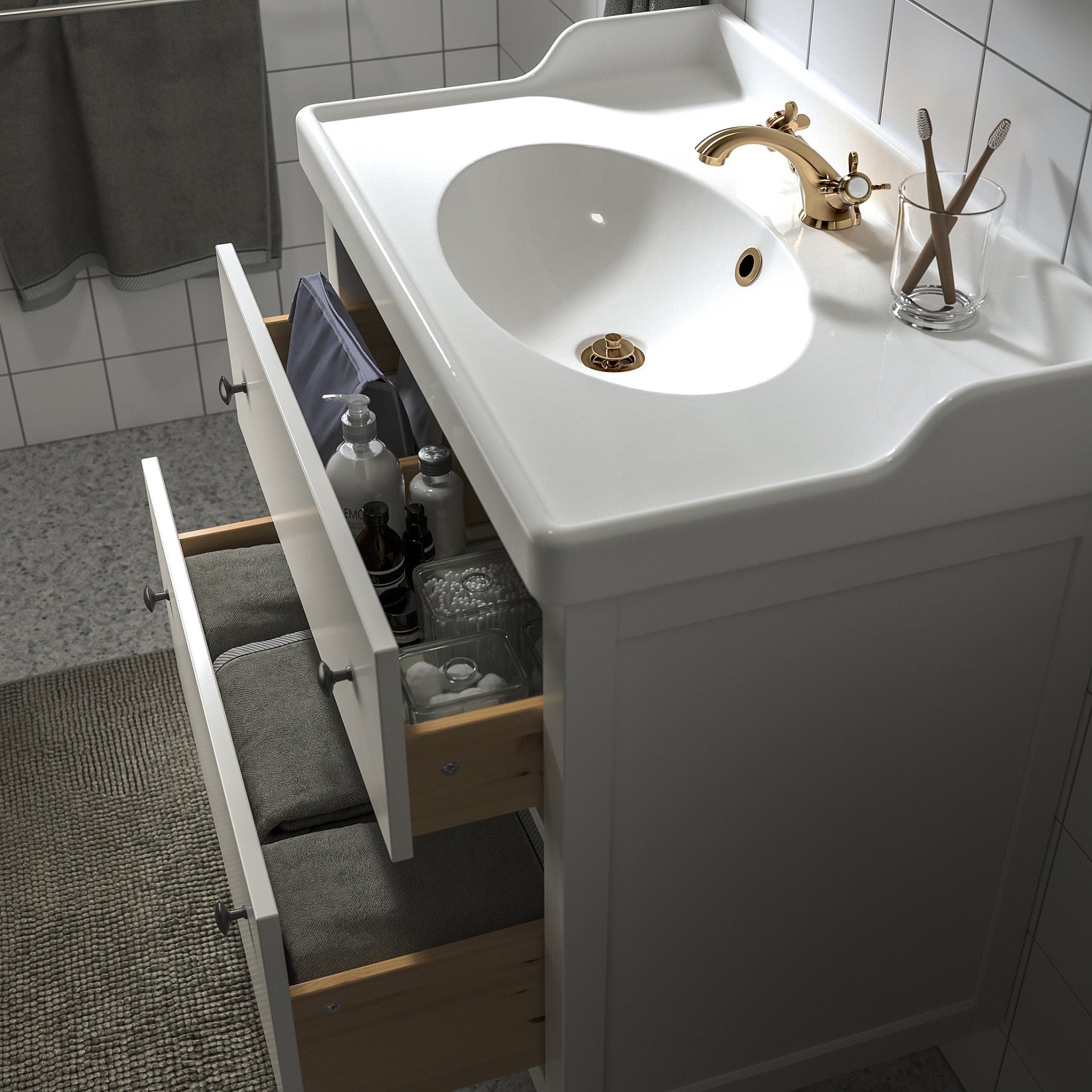 HEMNES/RUTSJON, βάση νιπτήρα με συρτάρια/νιπτήρα/μπαταρία, 82x49x95 cm, 195.468.40