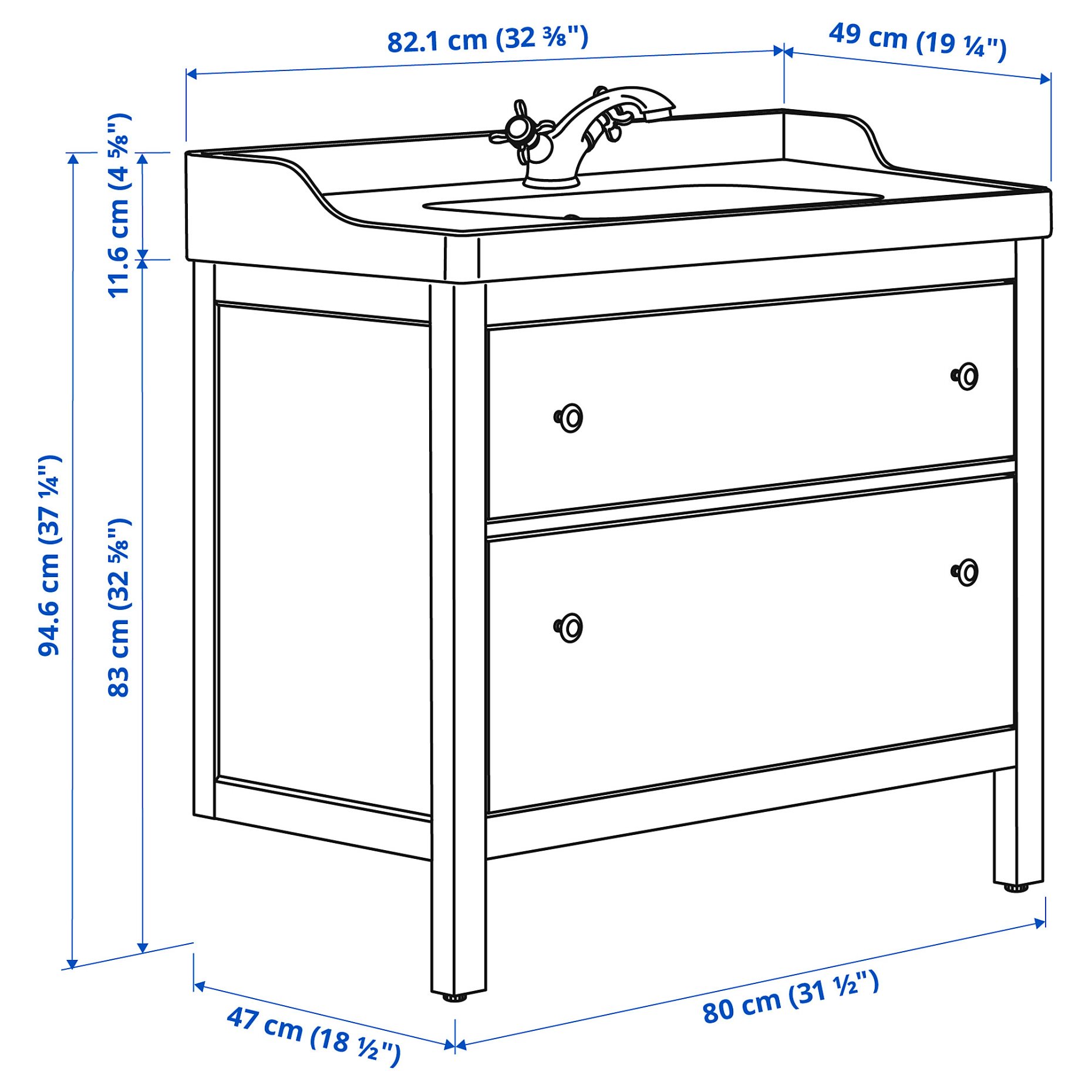 HEMNES/RUTSJON, βάση νιπτήρα με συρτάρια/νιπτήρα/μπαταρία, 82x49x95 cm, 195.468.40