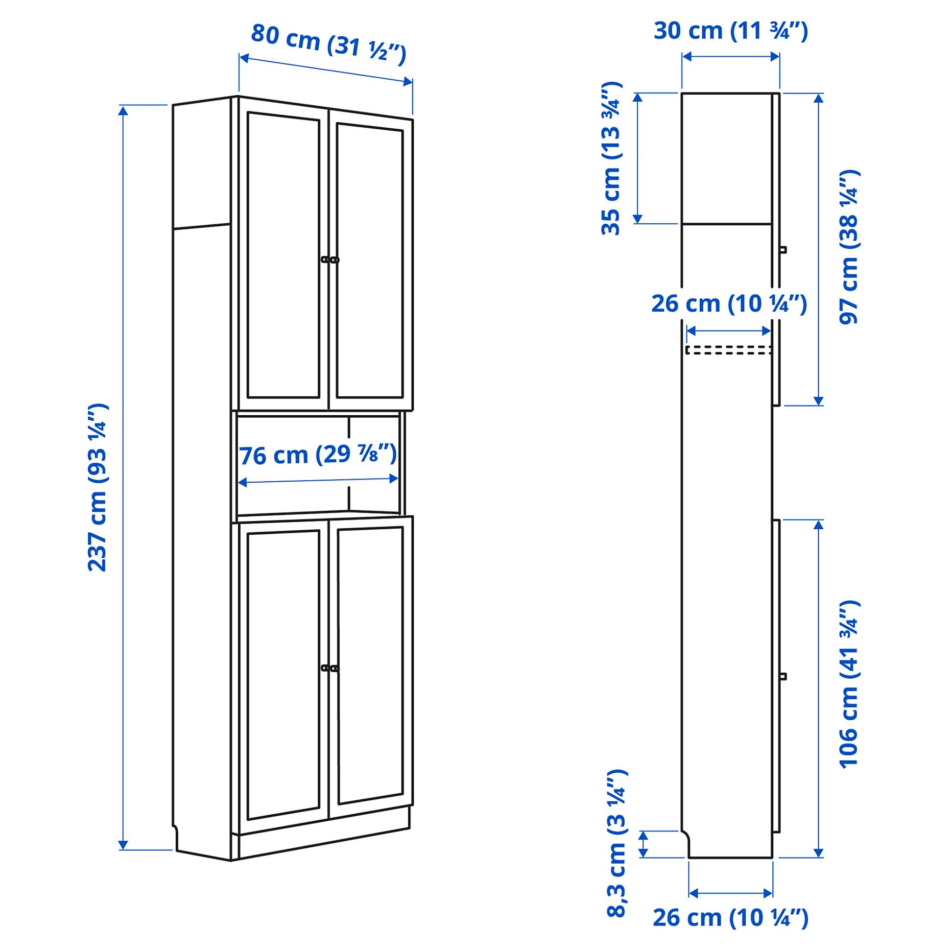 BILLY/OXBERG, bookcase with doors/height extension unit, 80x30x237 cm, 294.833.71