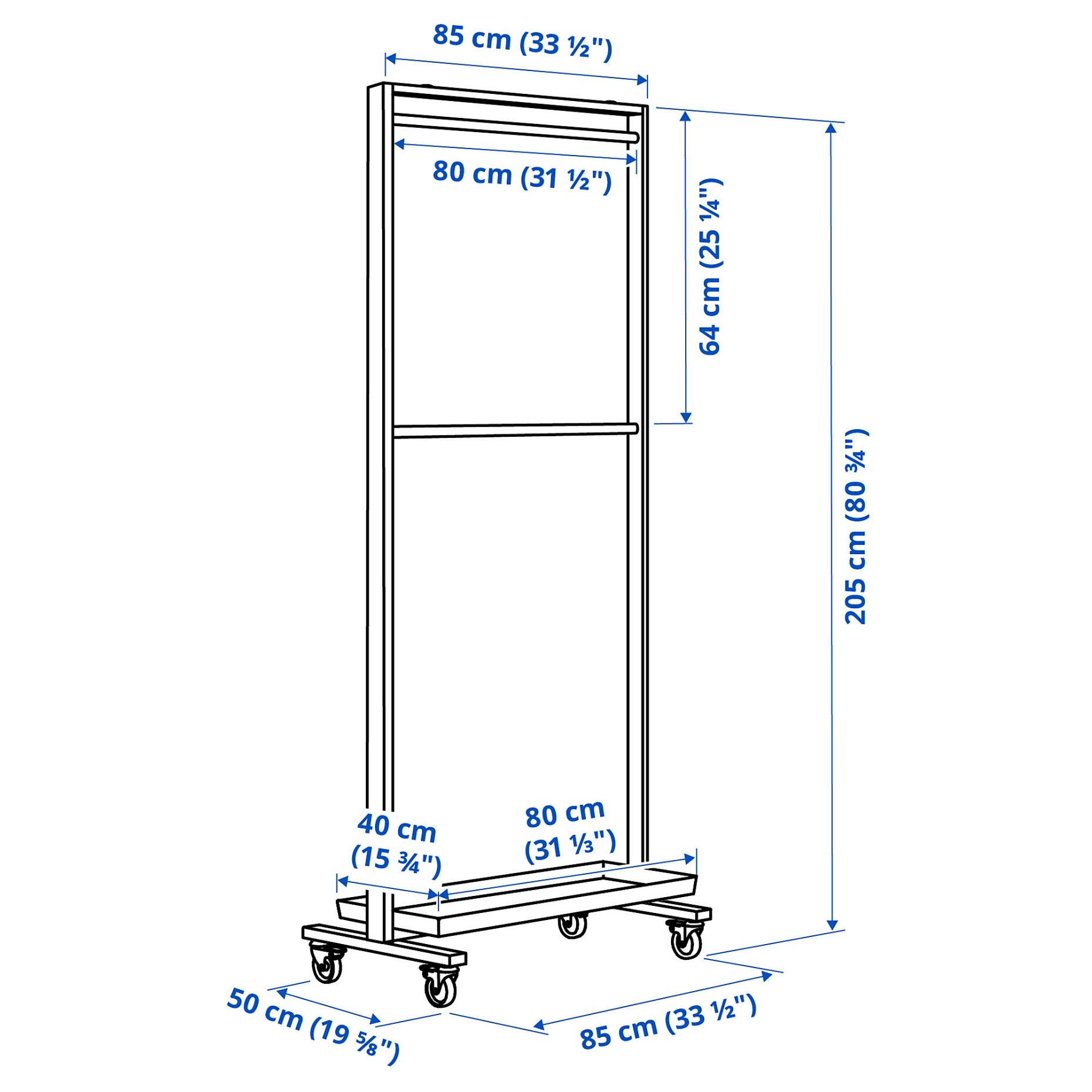 MITTZON, frame with castors/clothes rail/display shelf, 85x205 cm, 295.139.57