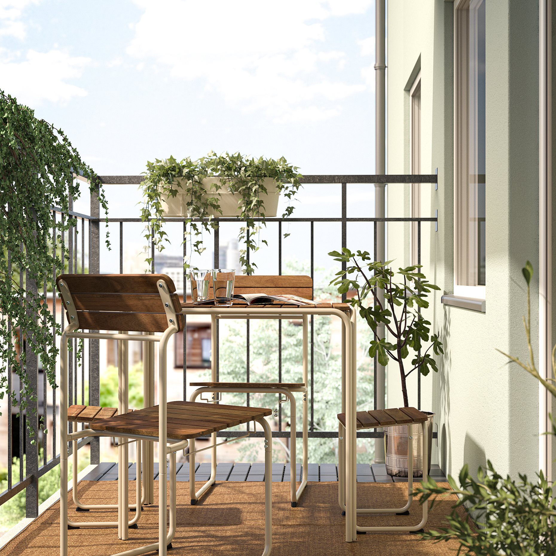 FURUON, dining table with 2 chairs/2 footstools/outdoor, 56x75 cm, 305.437.36