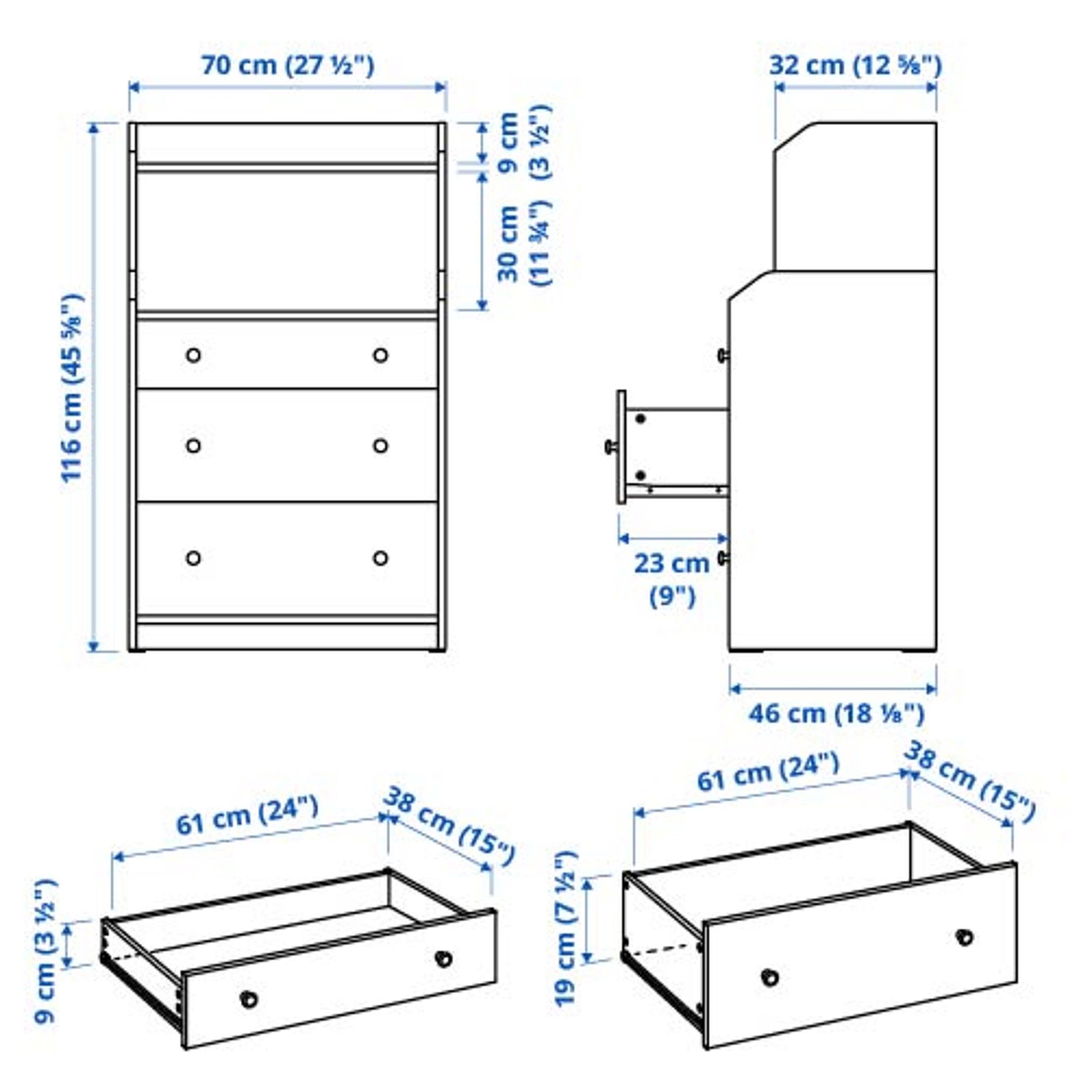 HAUGA, chest of 3 drawers with shelf, 70x46x116 cm, 305.815.25