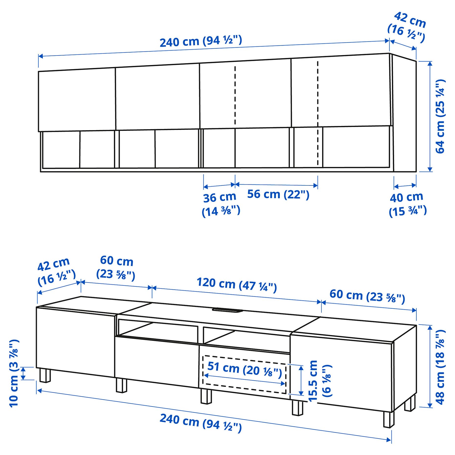 BESTÅ, σύνθεση αποθήκευσης TV/πόρτες/συρτάρια με μαλακό κλείσιμο, 240x42x230 cm, 494.119.72