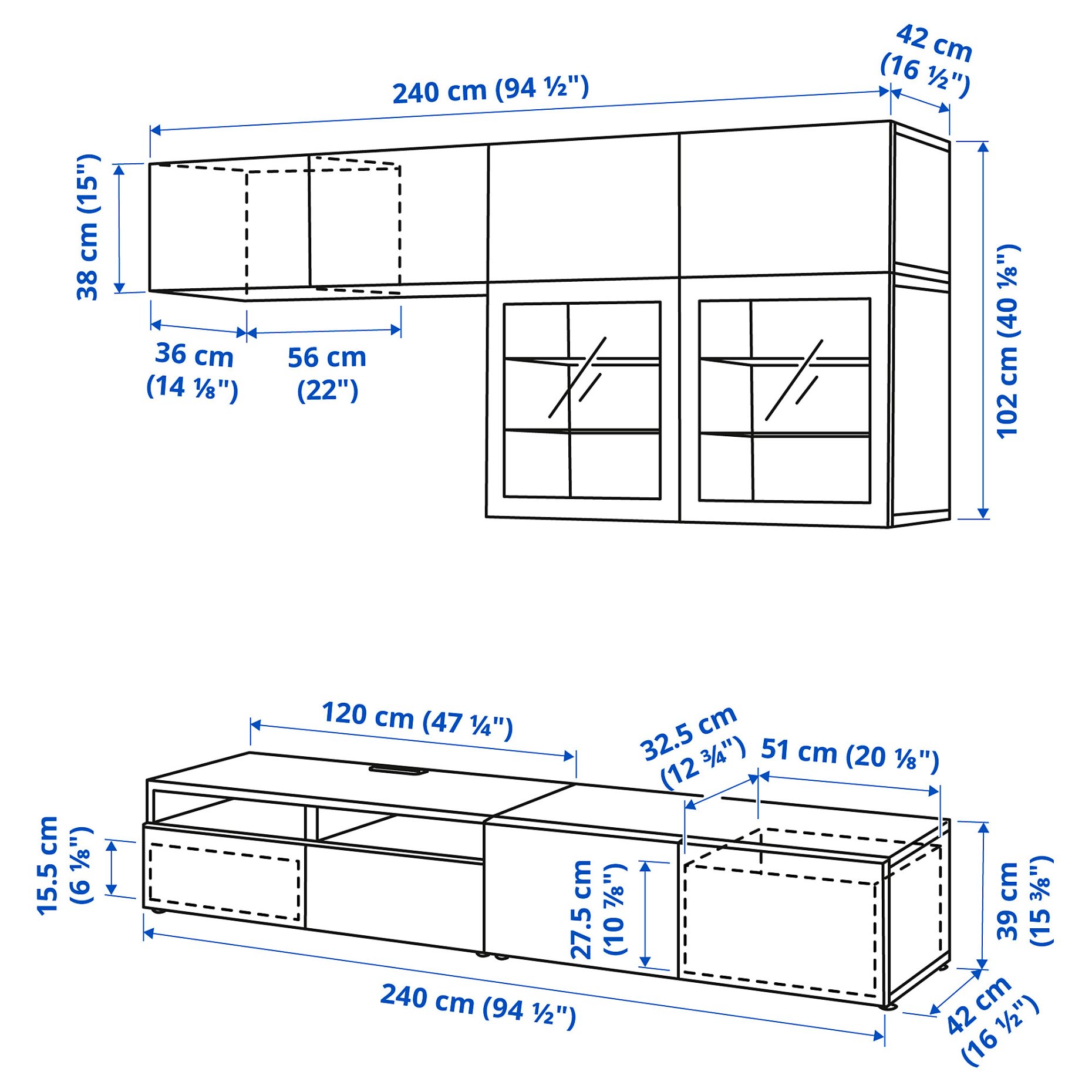 BESTÅ, σύνθεση αποθήκευσης TV/ γυάλινες πόρτες/συρτάρια ανοίγματος με πίεση, 240x42x231 cm, 494.121.65