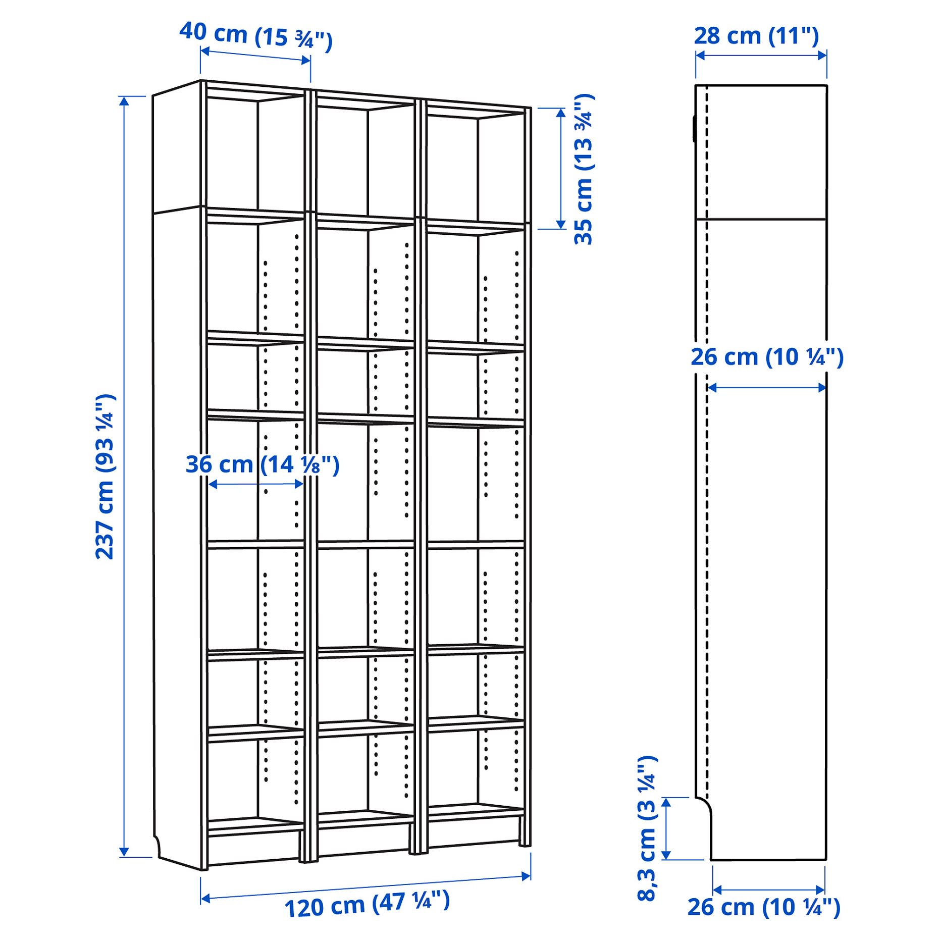 BILLY, bookcase combination with height extension units, 120x28x237 cm, 494.833.89