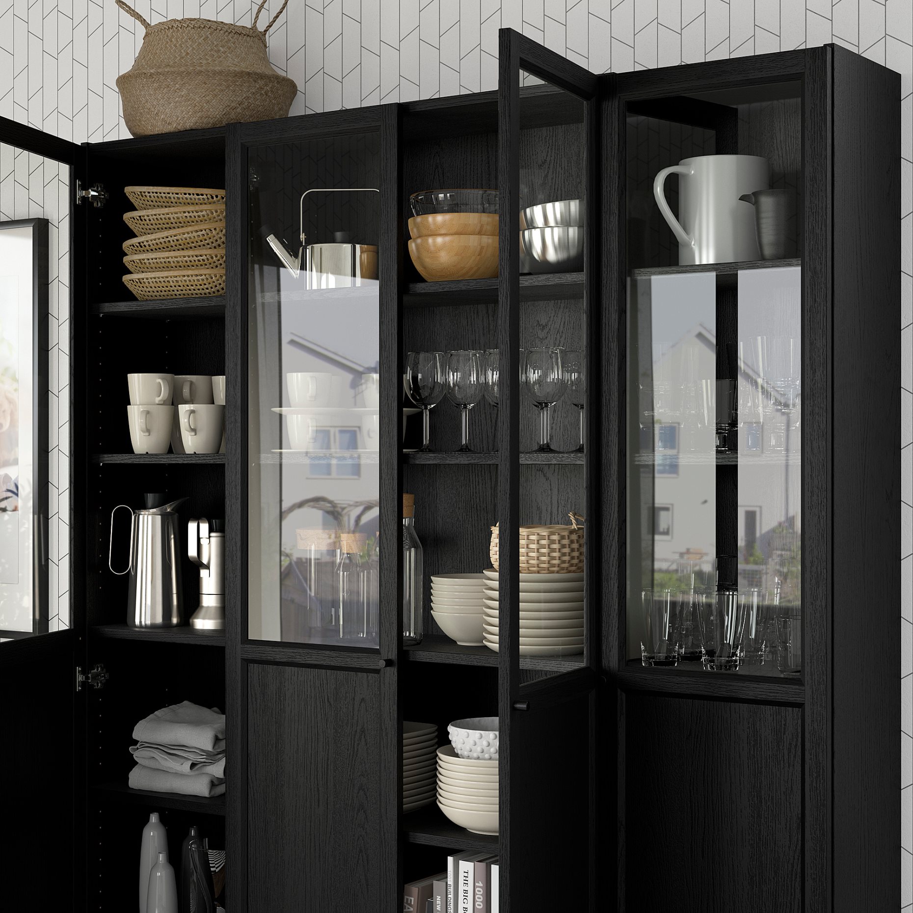 BILLY/OXBERG, bookcase combination with panel/glass doors, 160x202 cm, 494.835.44
