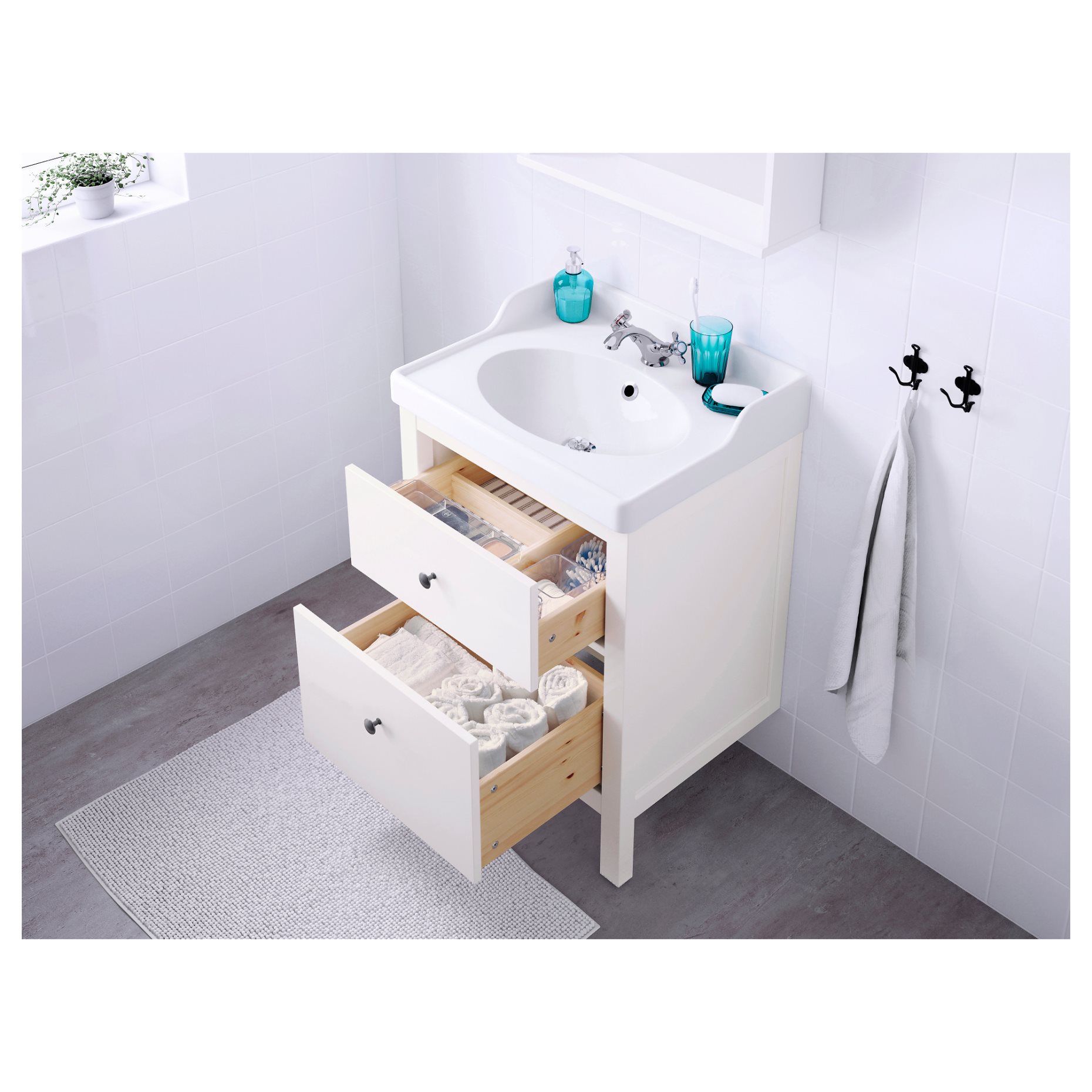 HEMNES/RUTSJON, βάση νιπτήρα με συρτάρια/νιπτήρα/μπαταρία, 62x49x95 cm, 495.468.34