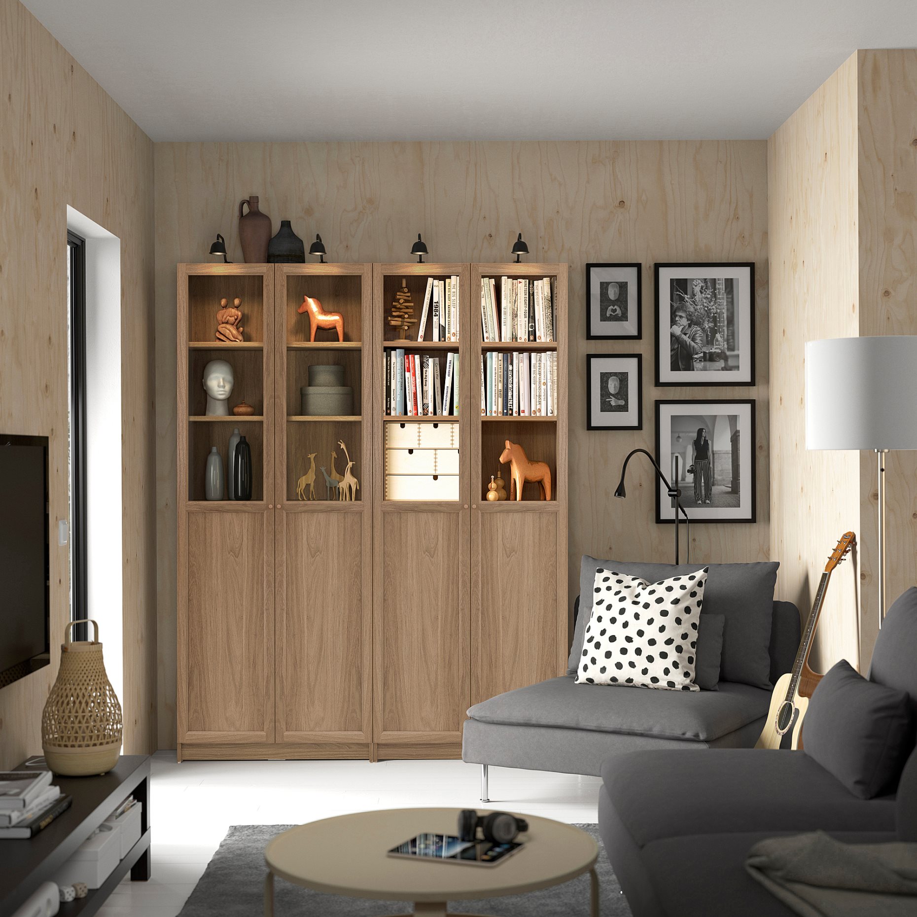BILLY/OXBERG, bookcase combination with panel/glass doors, 160x30x202 cm, 495.818.13