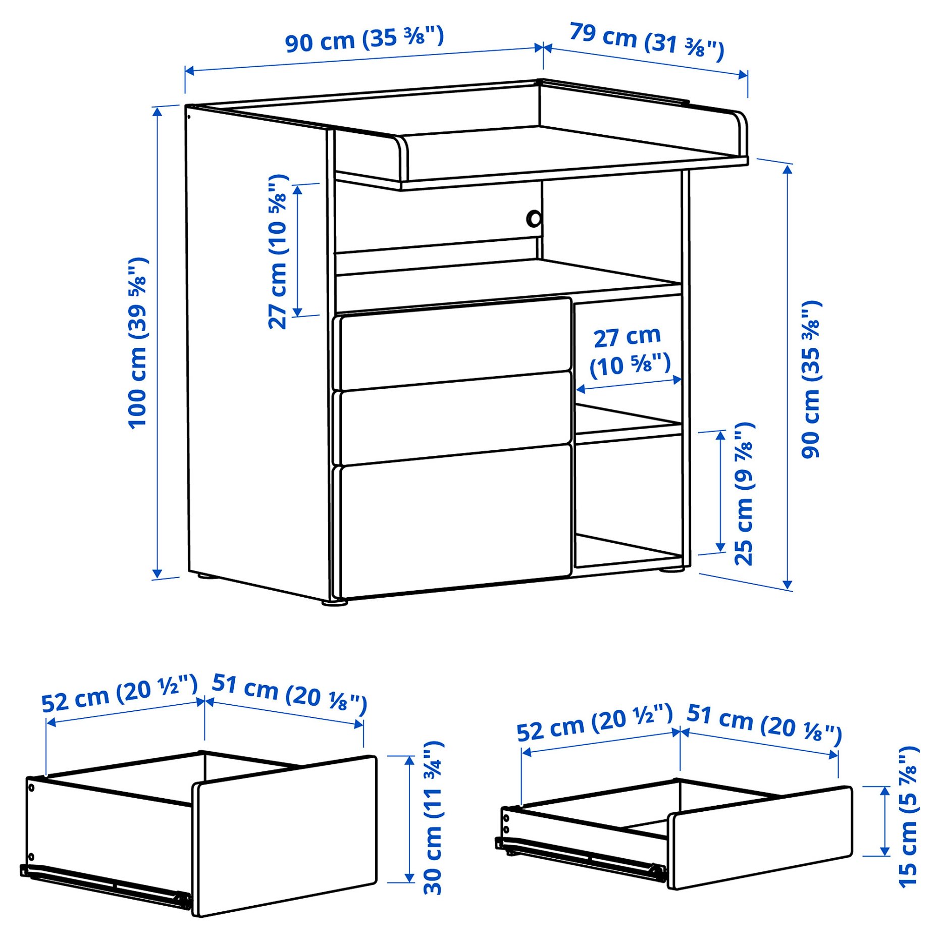 SMÅSTAD, changing table with 3 drawers, 90x79x100 cm, 495.827.61