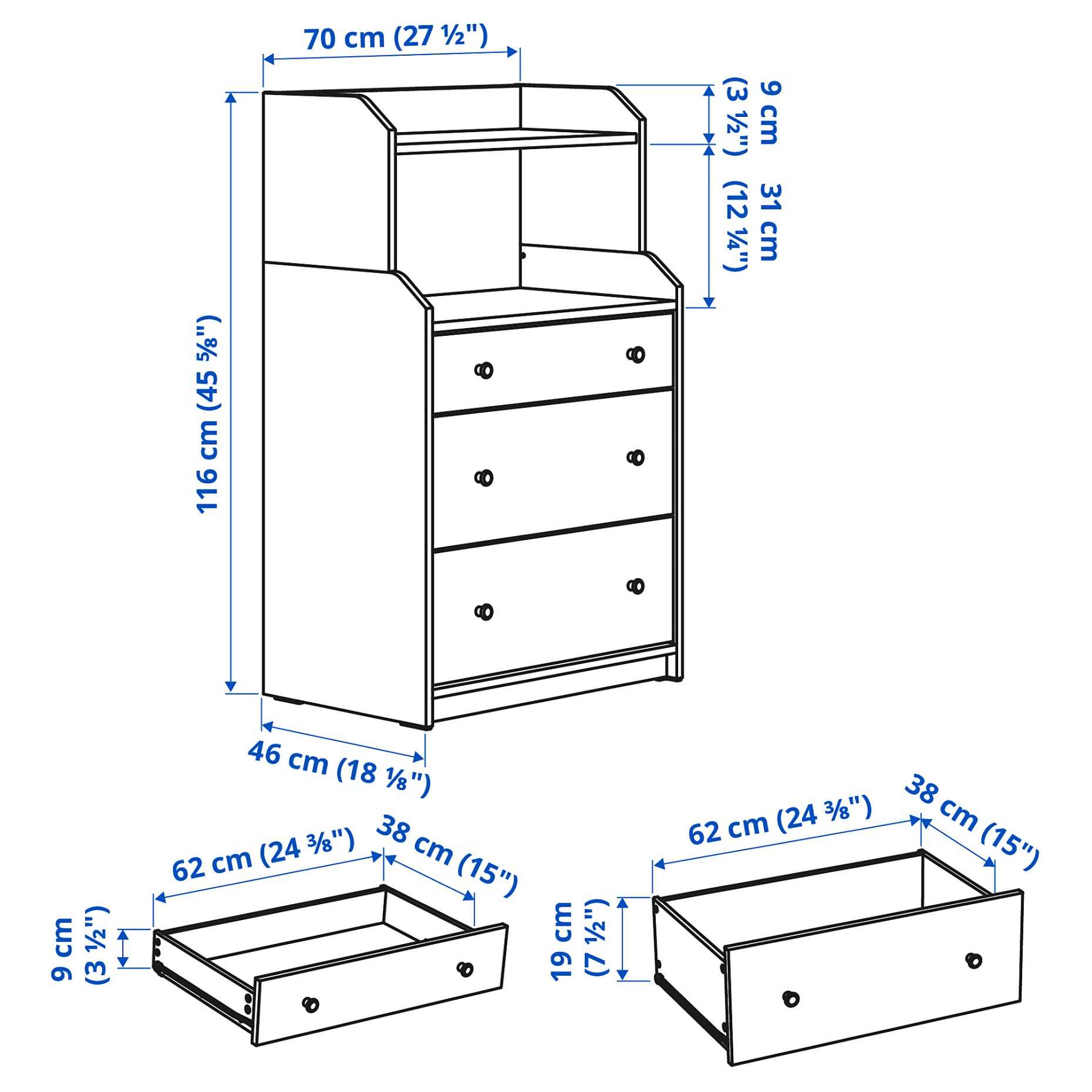 HAUGA, chest of 3 drawers with shelf,70x116 cm, 504.026.41