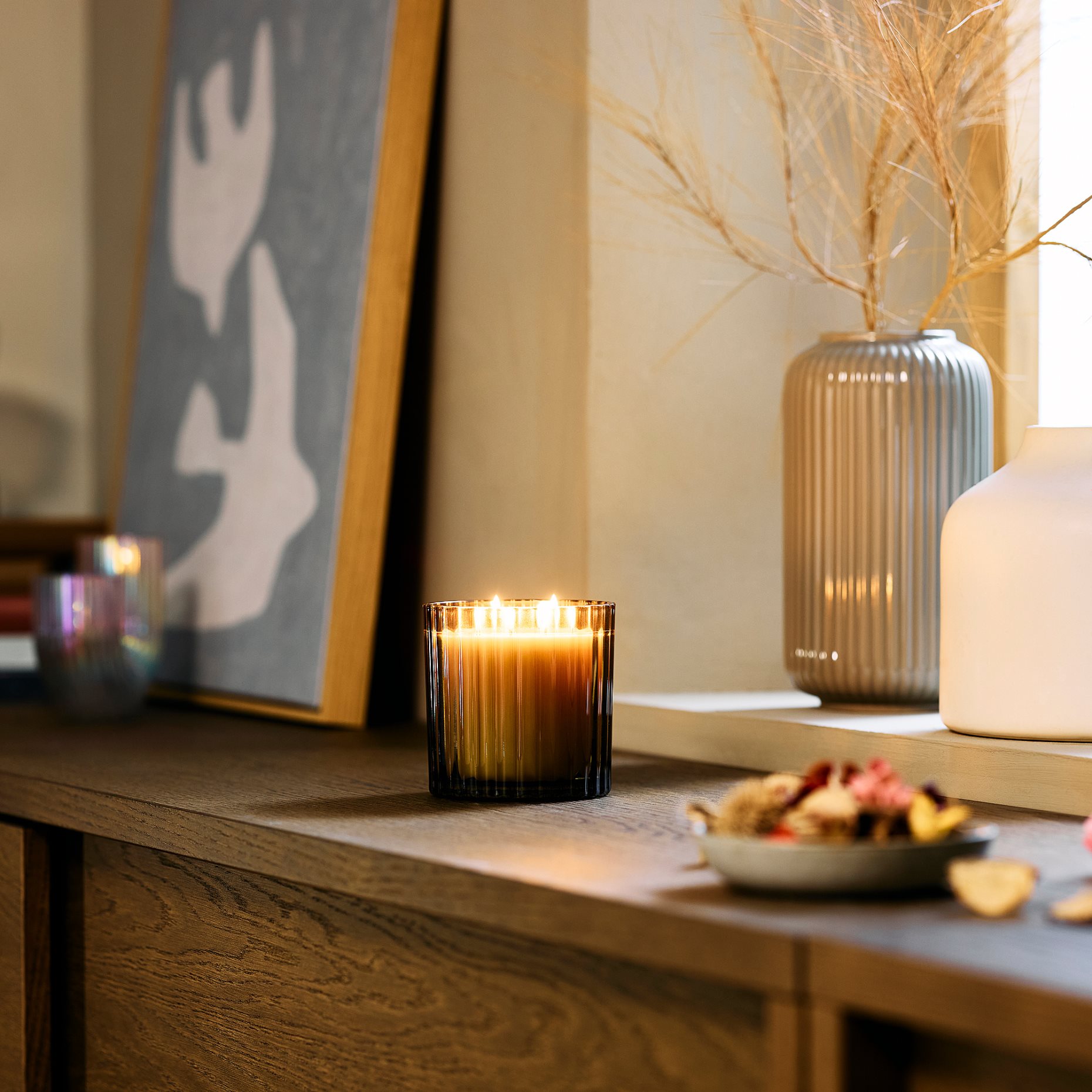 TOFSTÄRNA, scented candle in glass 2 wicks/Fig leaf, 50 hr, 506.276.69