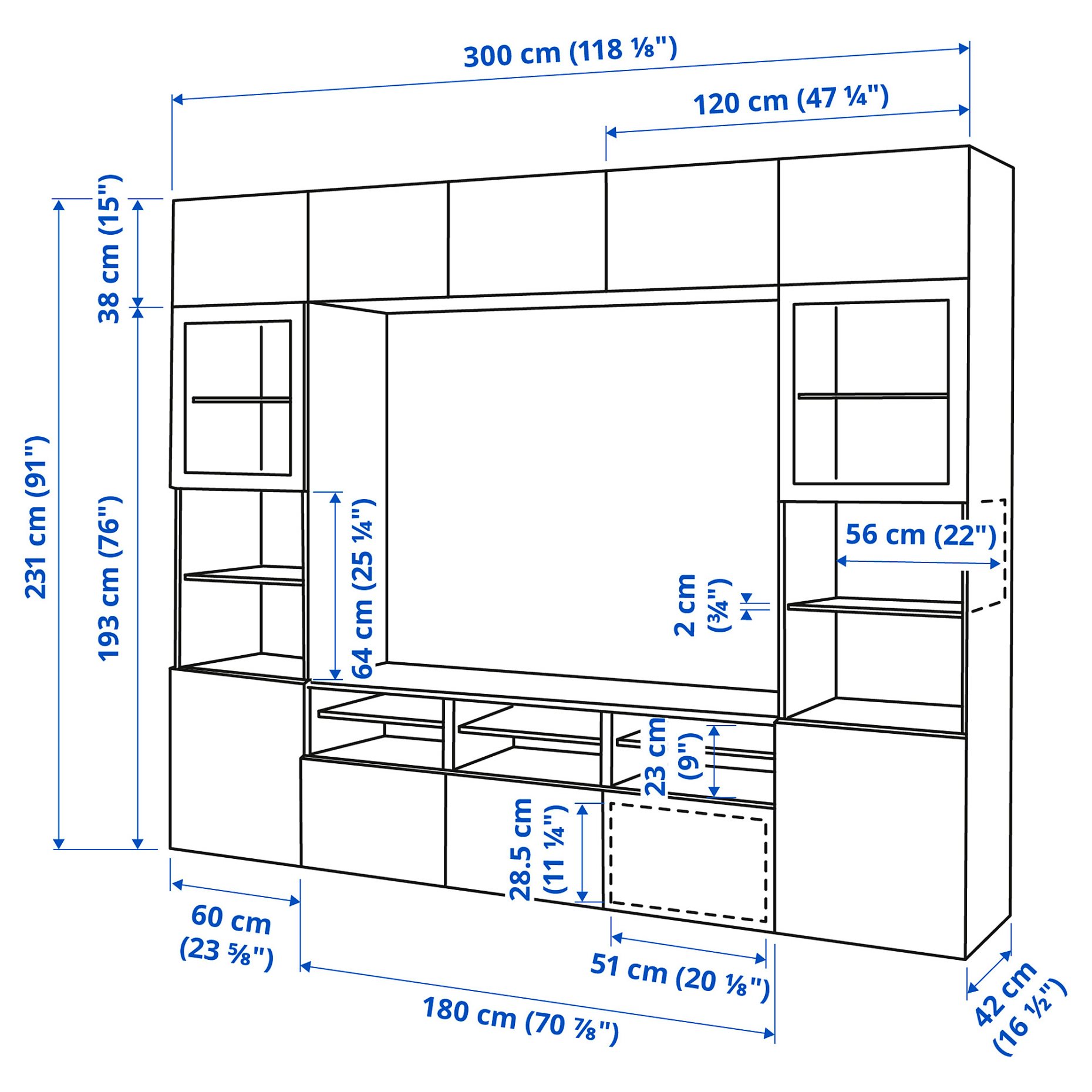 BESTÅ, σύνθεση αποθήκευσης TV/γυάλινες πόρτες/συρτάρια με μαλακό κλείσιμο, 300x42x231 cm, 594.110.14