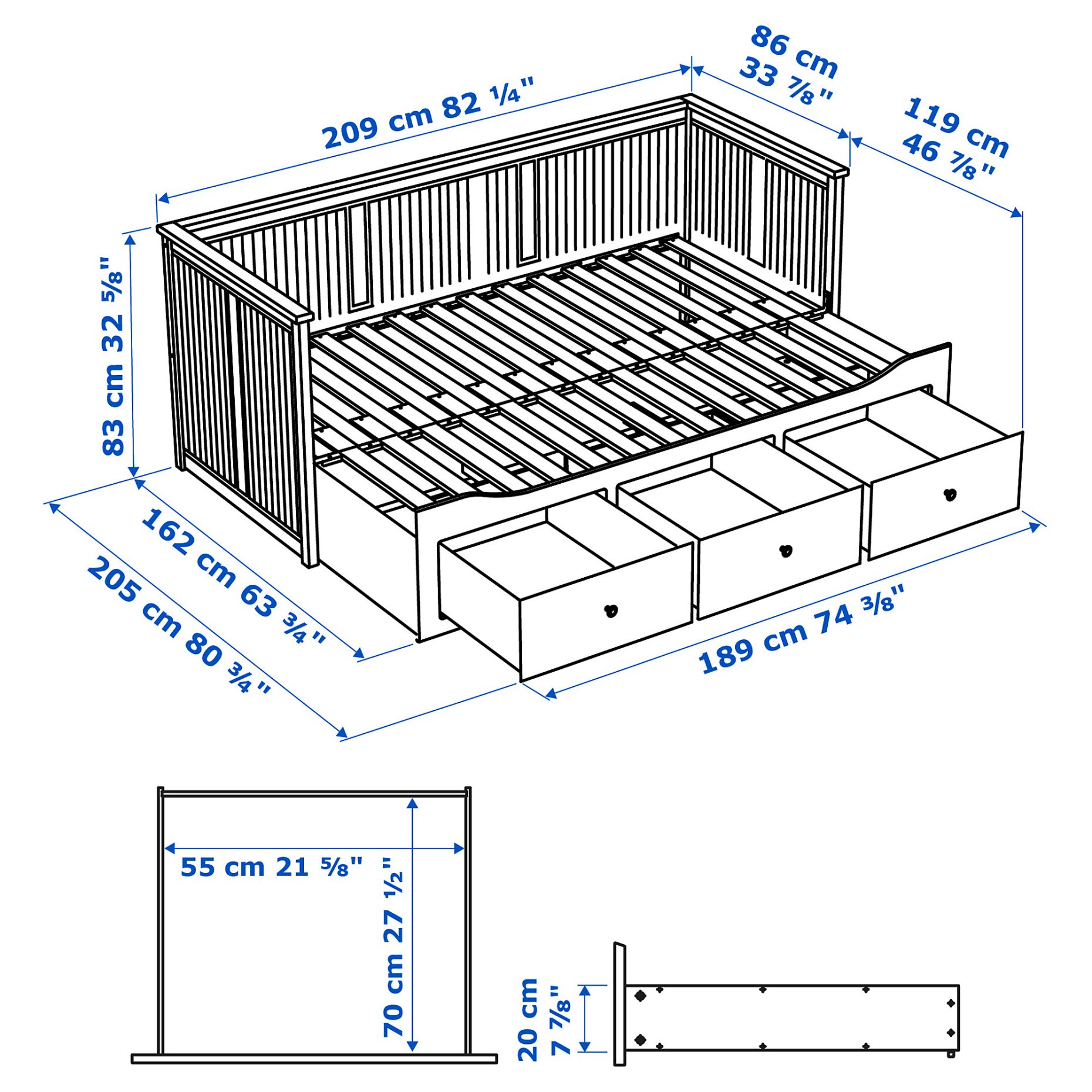 HEMNES, day-bed frame with 3 drawers, 80x200 cm, 603.722.76