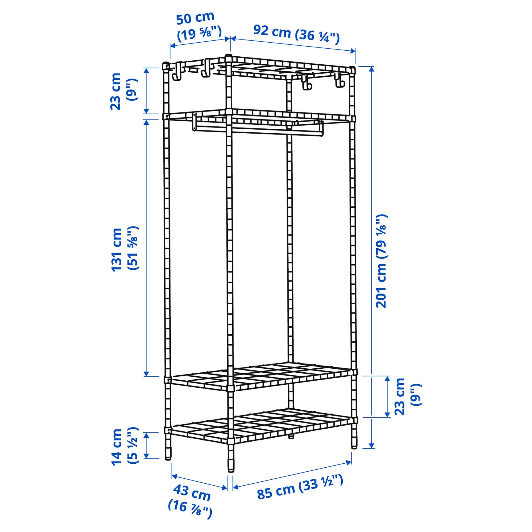 OMAR, shelving unit with clothes rail, 92x50x201 cm, 605.309.78