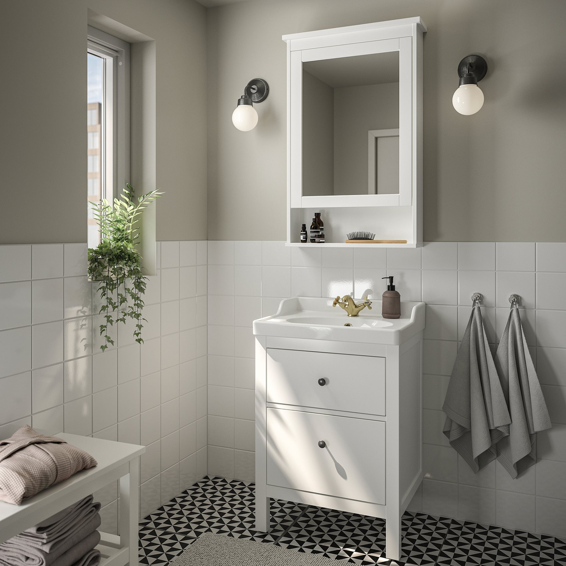 HEMNES/RUTSJON, βάση νιπτήρα με συρτάρια/νιπτήρα/μπαταρία, 62x49x95 cm, 695.599.91