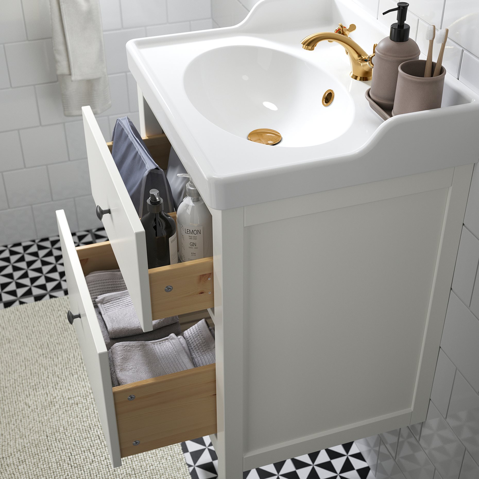 HEMNES/RUTSJON, βάση νιπτήρα με συρτάρια/νιπτήρα/μπαταρία, 62x49x95 cm, 695.599.91