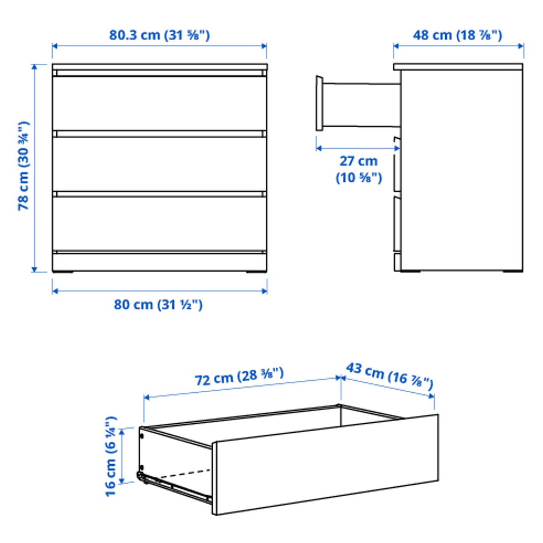 MALM, chest of 3 drawers/high-gloss, 80x78 cm, 704.240.53