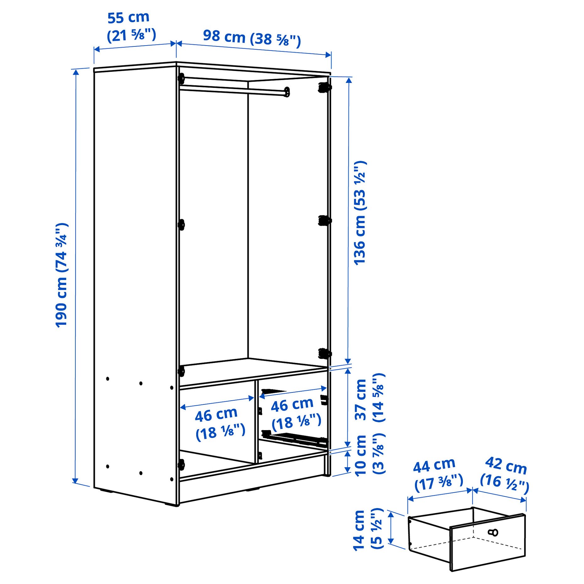 VILHATTEN, wardrobe with 2 doors and 2 drawers, 98x57x190 cm, 705.306.09