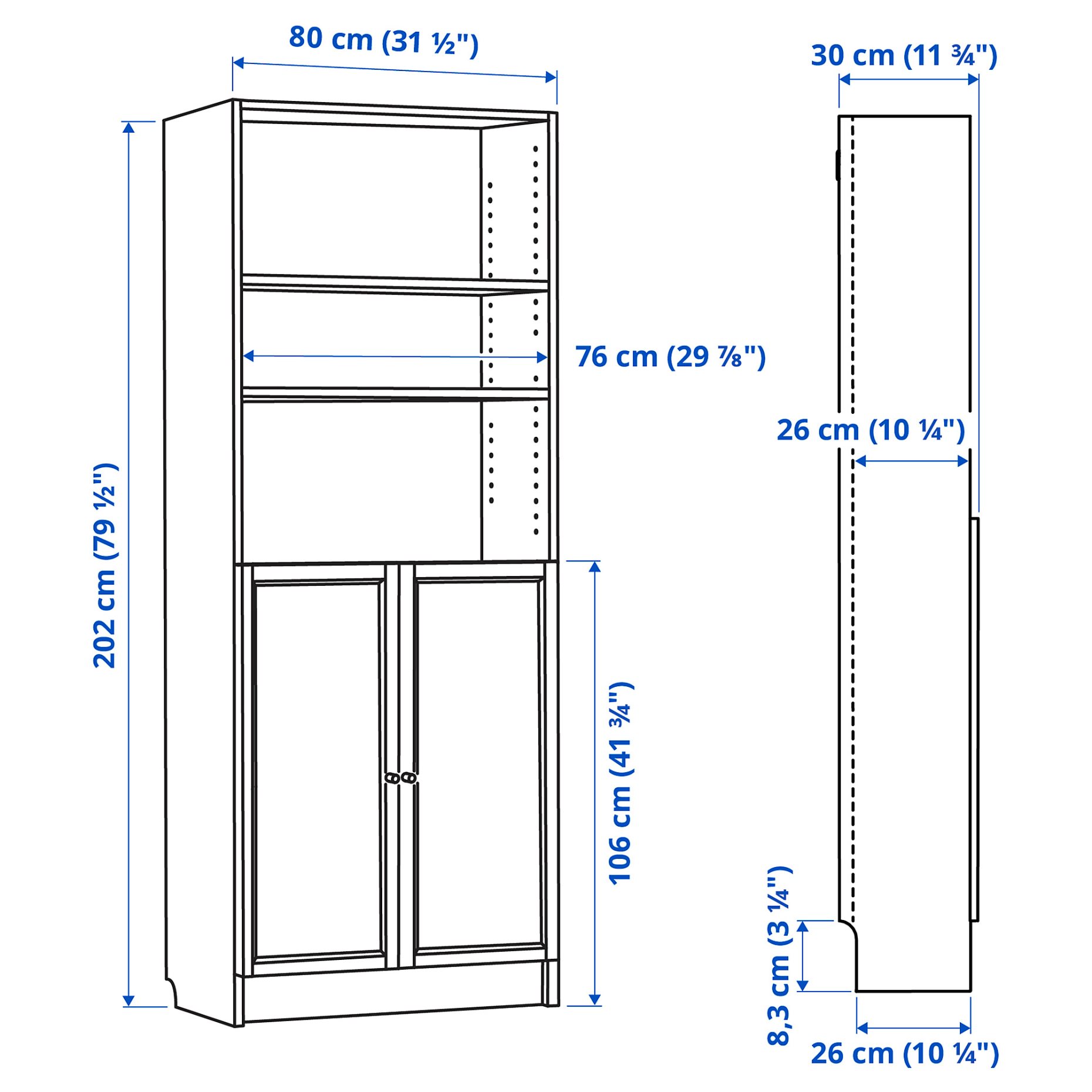 BILLY/OXBERG, bookcase with doors, 80x30x202 cm, 794.833.64