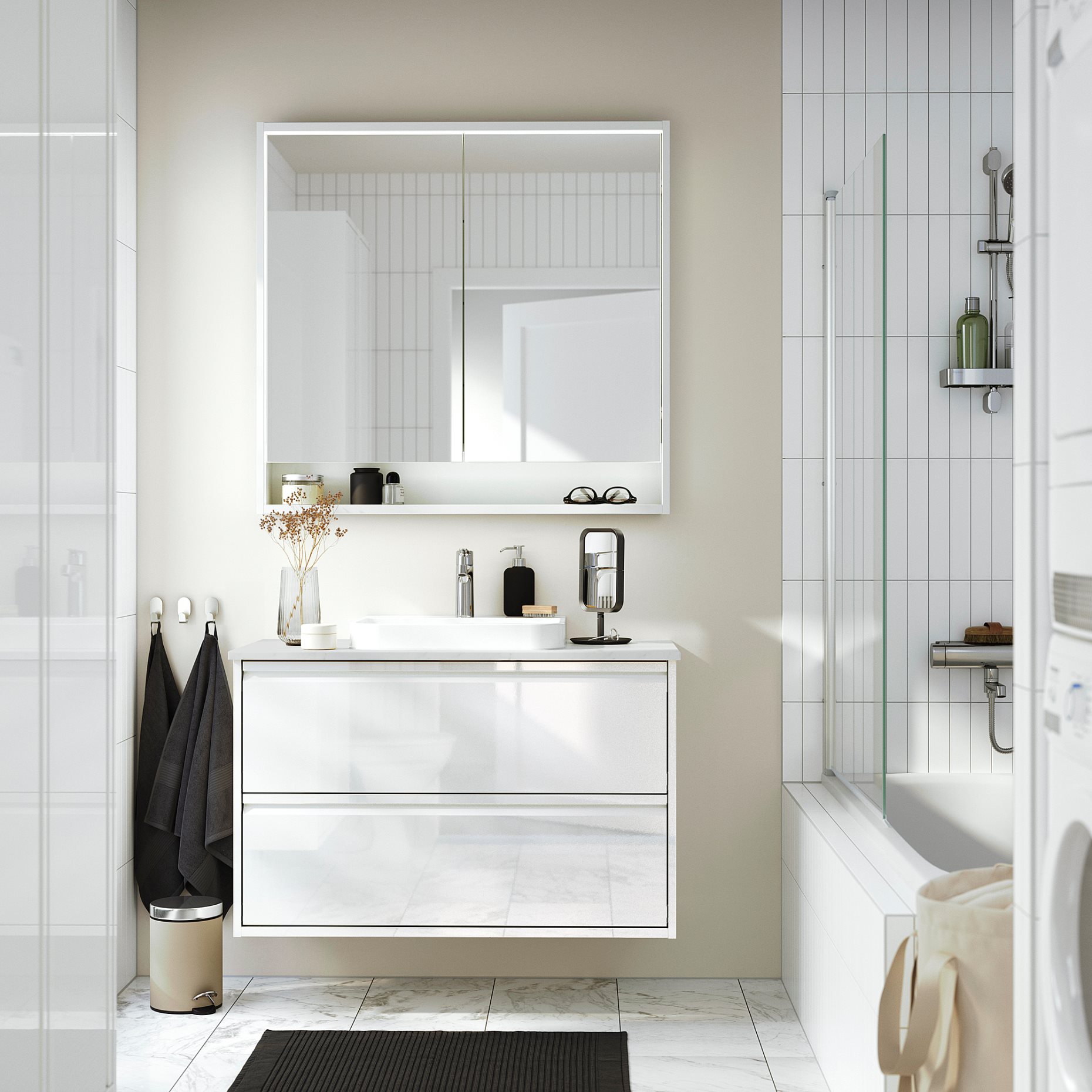 ANGSJON/BACKSJON, wash-stand with drawers/wash-basin/tap/high-gloss, 102x49x71 cm, 795.141.05