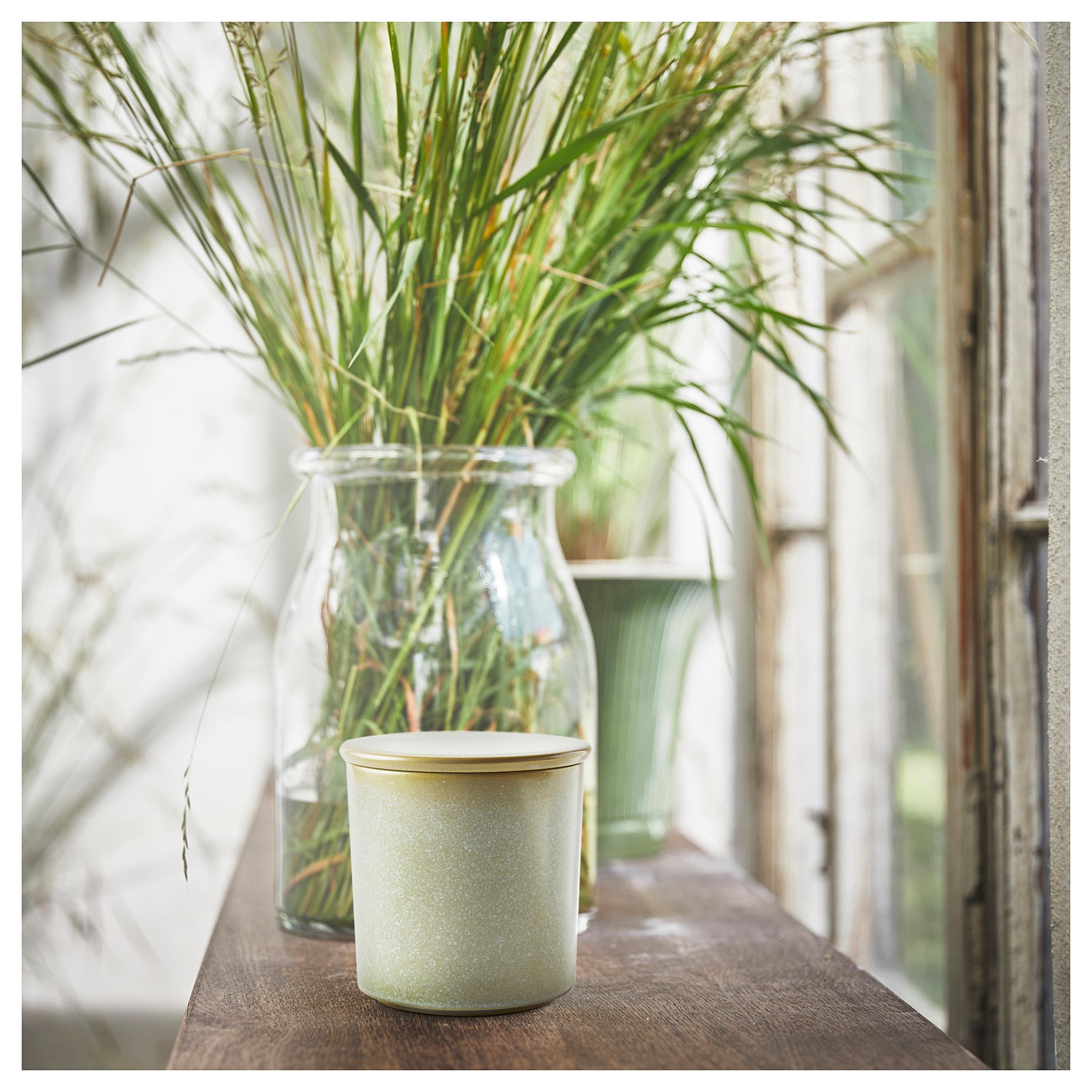 HEDERSAM, scented candle in ceramic jar with lid/Fresh grass, 60 hr, 805.024.51